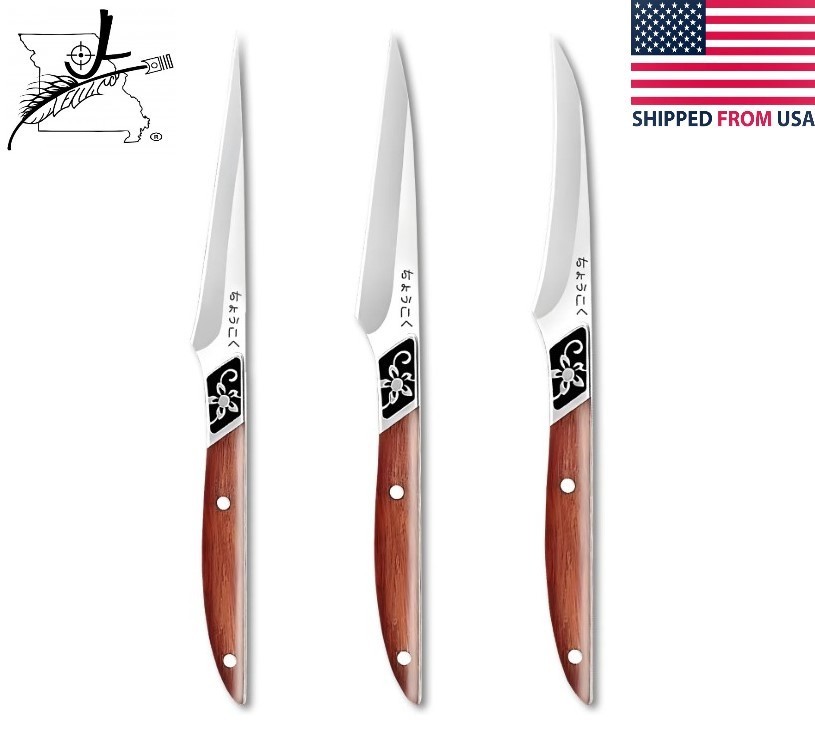 Three Paring Knife Set High Carbon Stainless Steel Wood Handle 1 Piece Blade 3