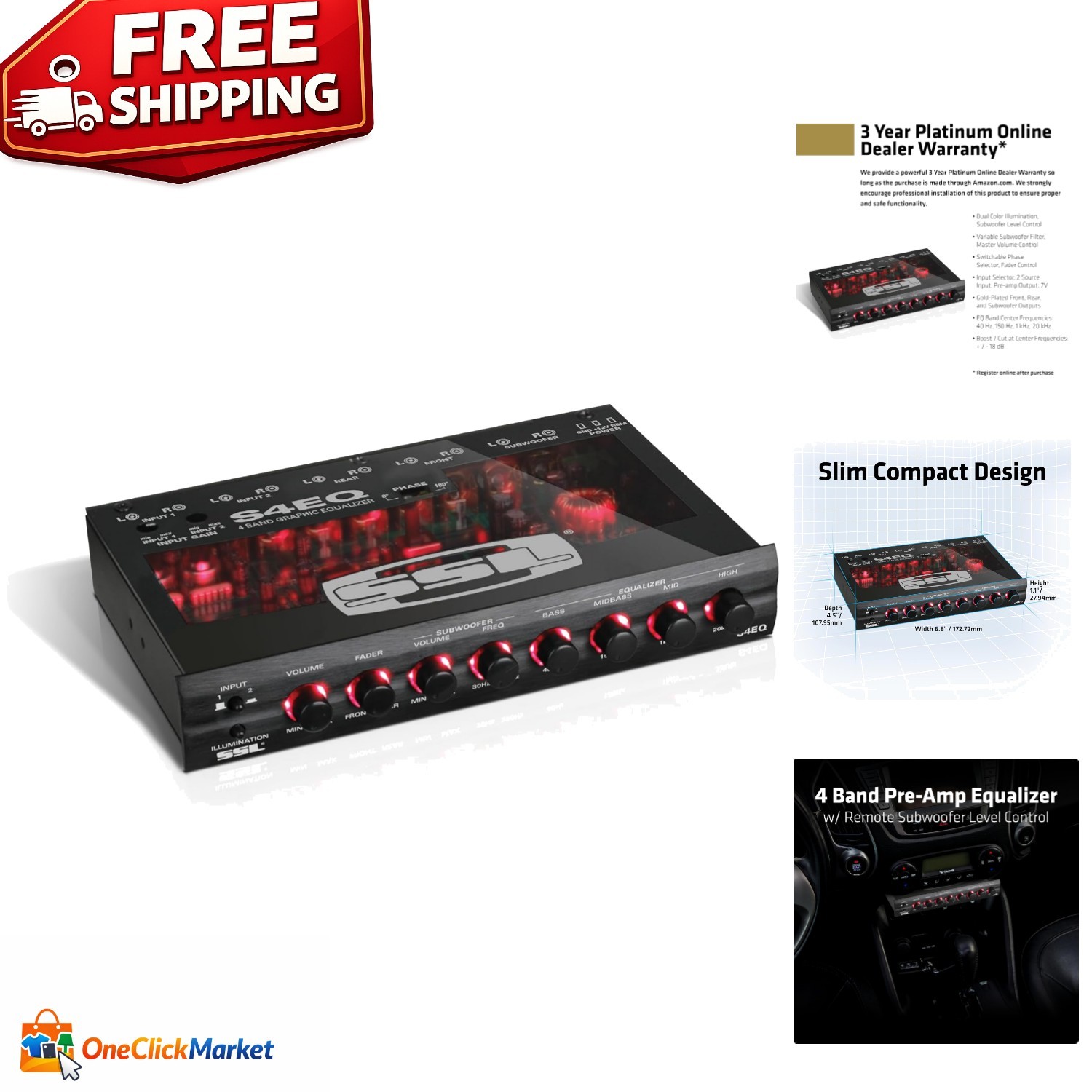 Precision 4-Band Pre-Amp Car Equalizer with Dual Illumination & Gold Finishes