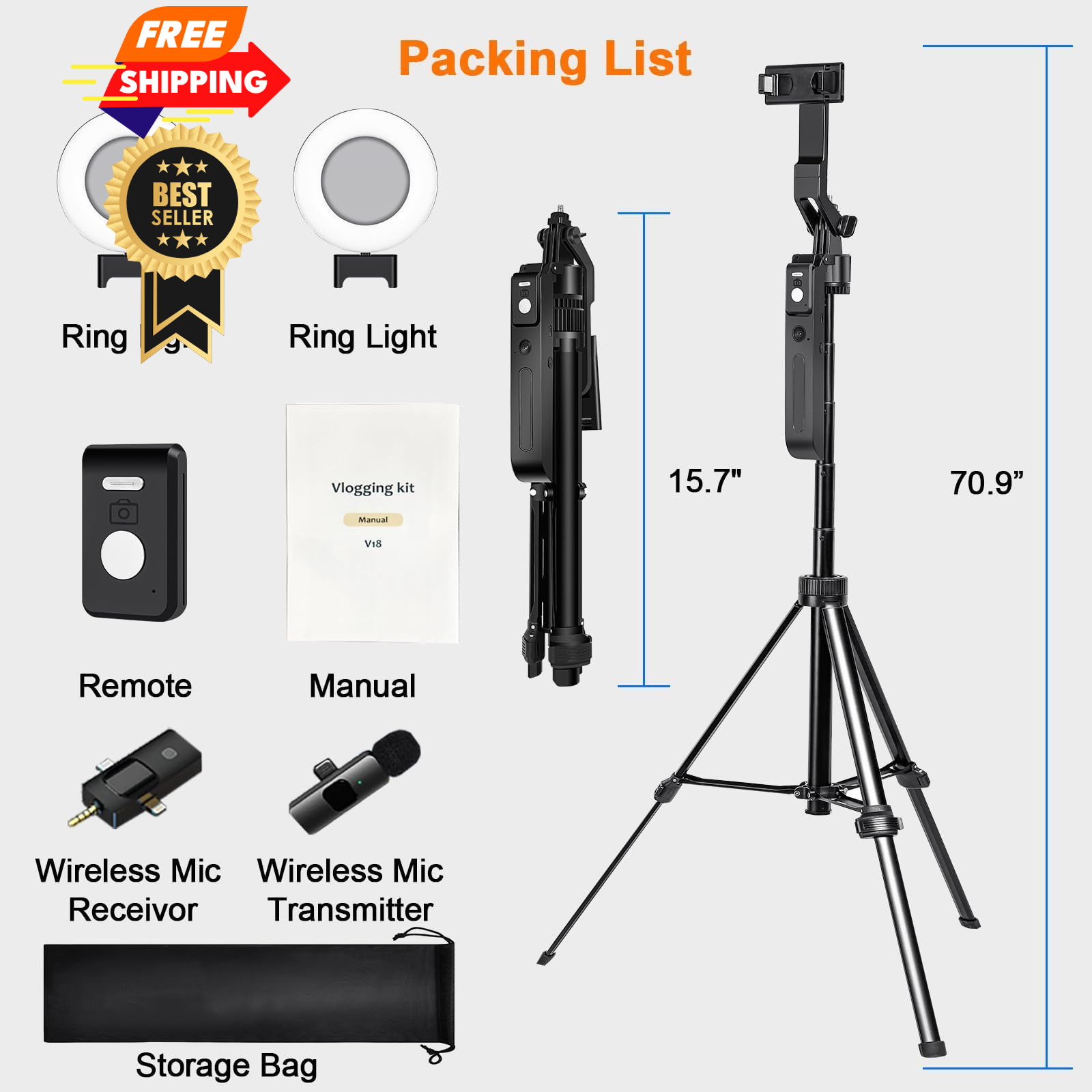 Litchitech Vlogging Kit for iPhone/Andriod,70.9″ Auto Face Tracking Black