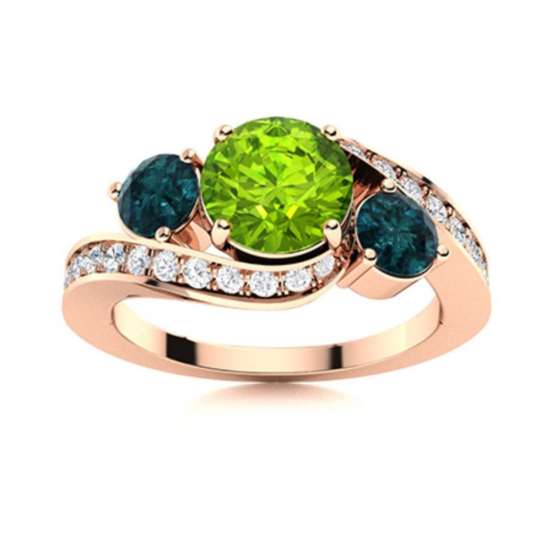 Three Stone Peridot & London Blue Topaz 925 Sterling Silver Rose Plated Ring
