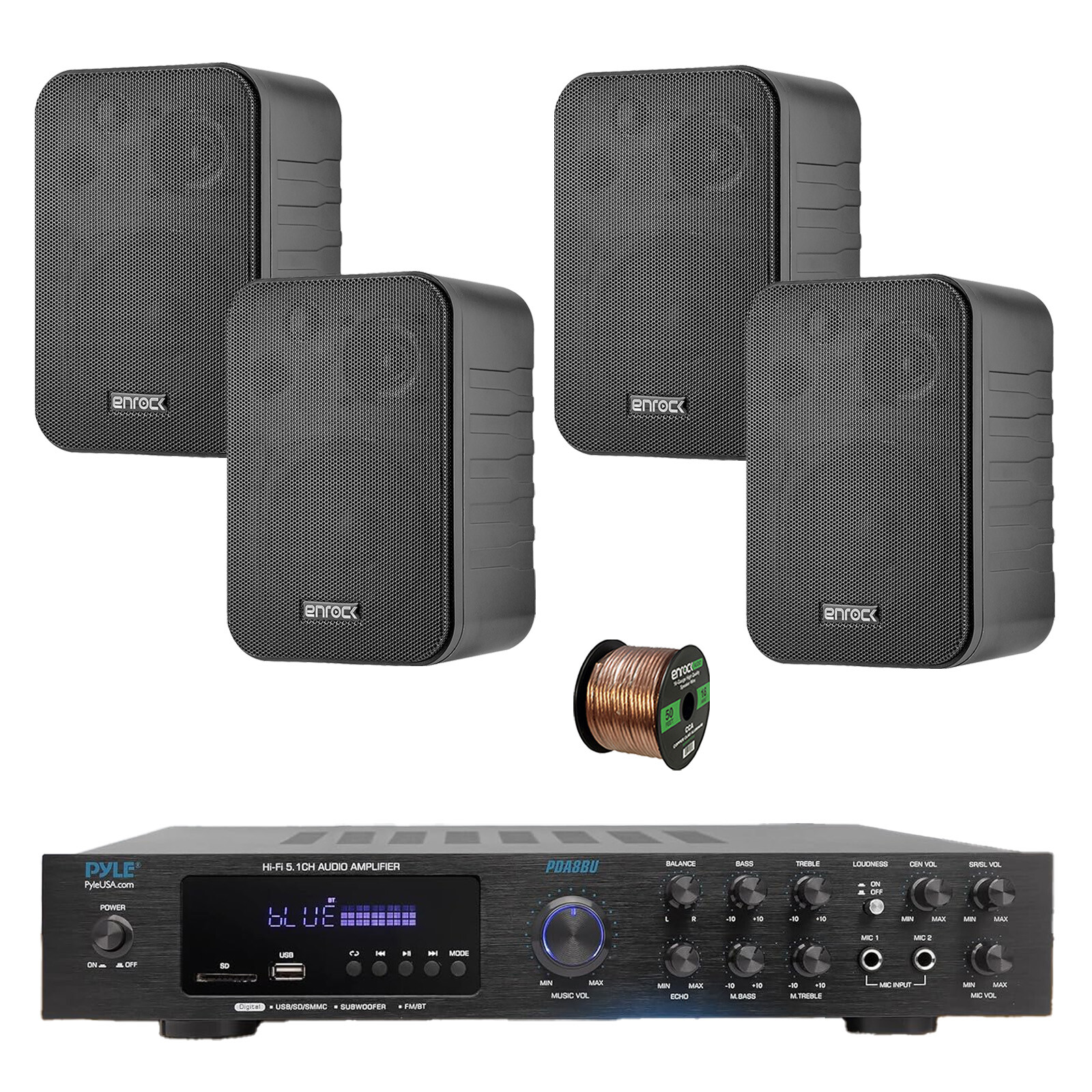 Pyle PDA8BU 5.1 Channel Home Audio Bluetooth Receiver, 4x 4" 30W Speakers, Wire