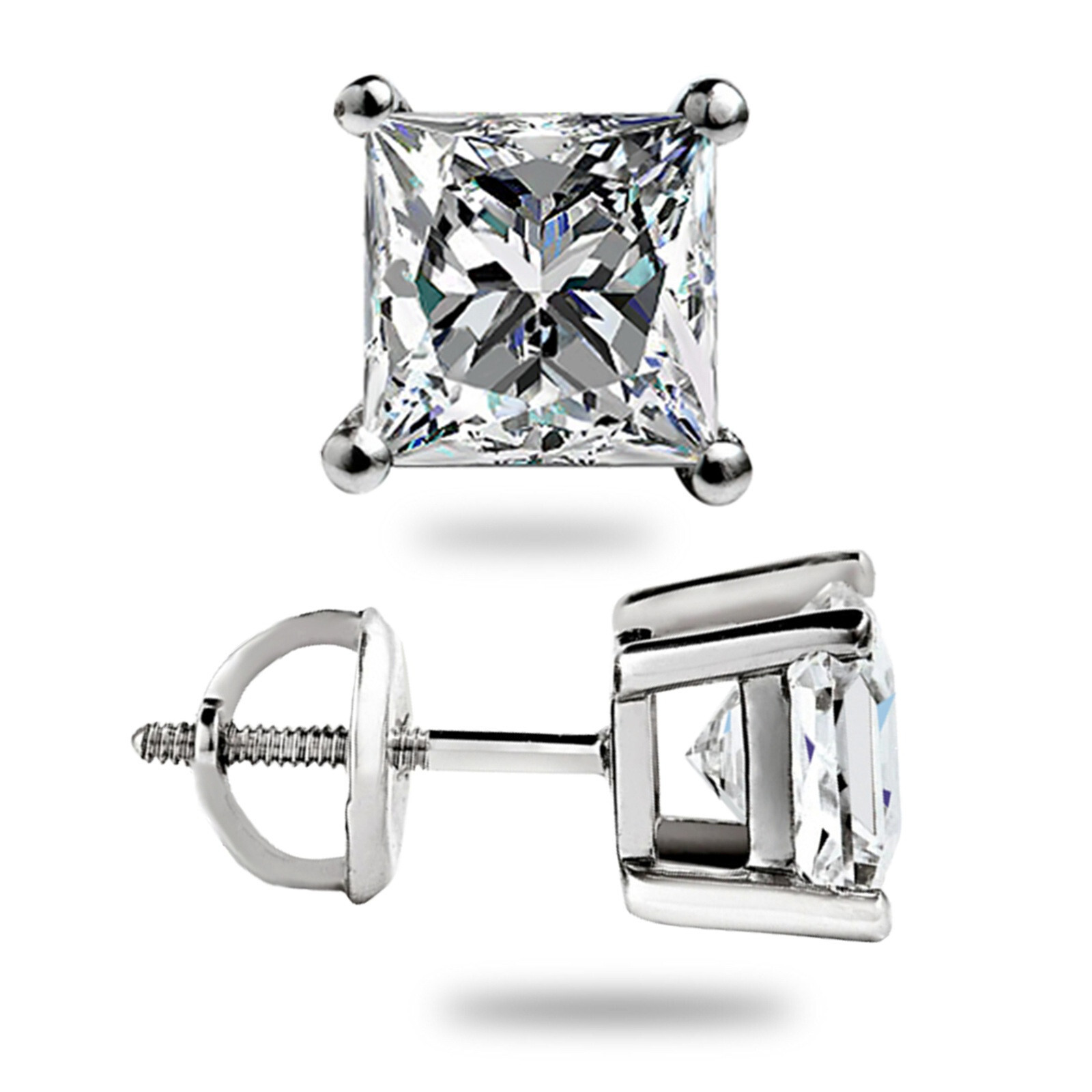 1.50 Ct Princess Cut Moissanite Stud Earrings Screwback Real 14k White Gold Gift