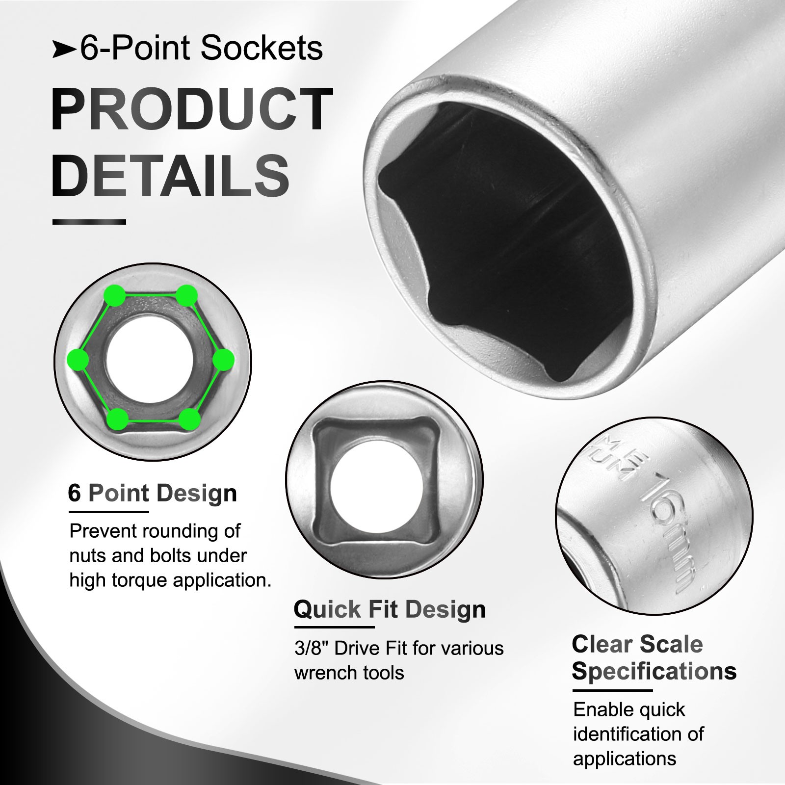 2Pcs, 6 Points Deep Socket 3/8" Drive 16mm Nickel Plating Flip Sleeve 4.7" Long