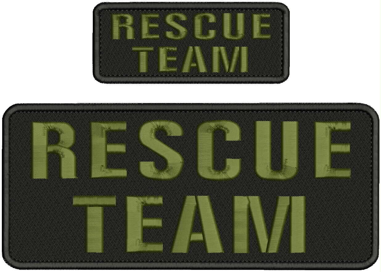 RESCUE TEAM EMBROIDERY PATCH 4X10 AND 2X5 HOOK ON  BACK OD GREEN ON BLACK