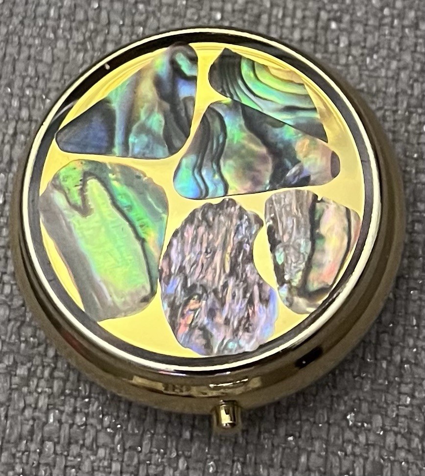 Pill Box Iridescent Gold Circle with Removable Plastic Tray