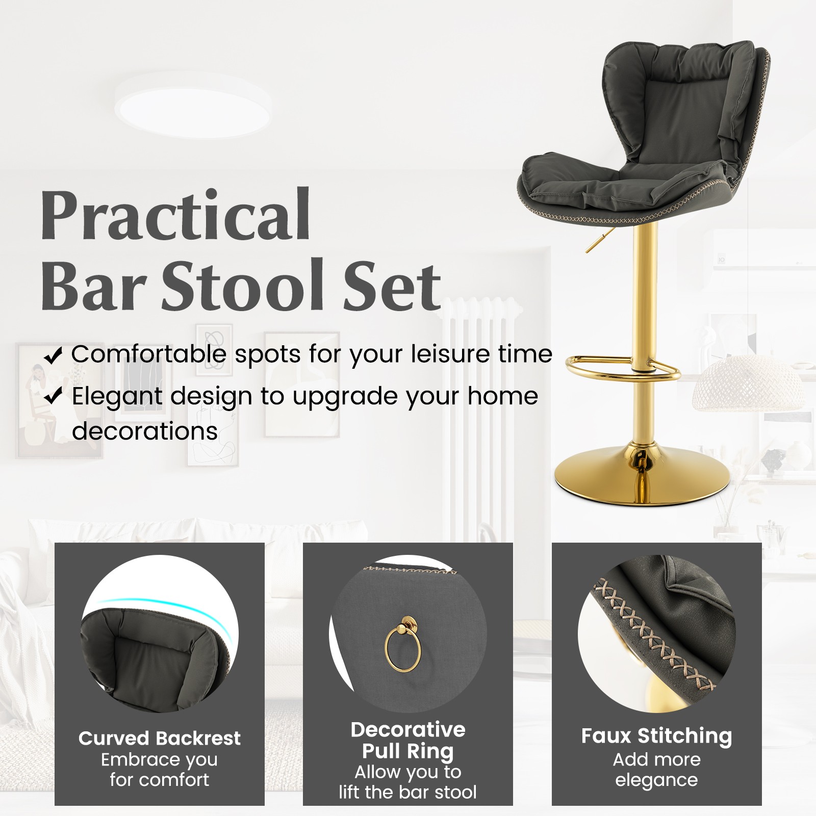 Set of 2 Leathaire Bar Chairs Adjustable Bar Stool with Padded Seat & Footrest