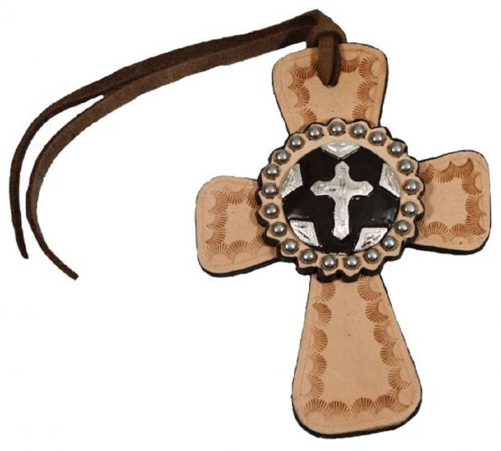 New! Light oil LEATHER TIE ON w SILVER CROSS CONCHO Horse saddle Barrel racing