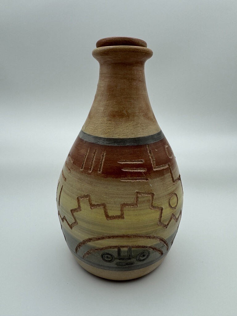 Vintage earthenware Aztec style jar and lid from Peru by renowned pottery studio