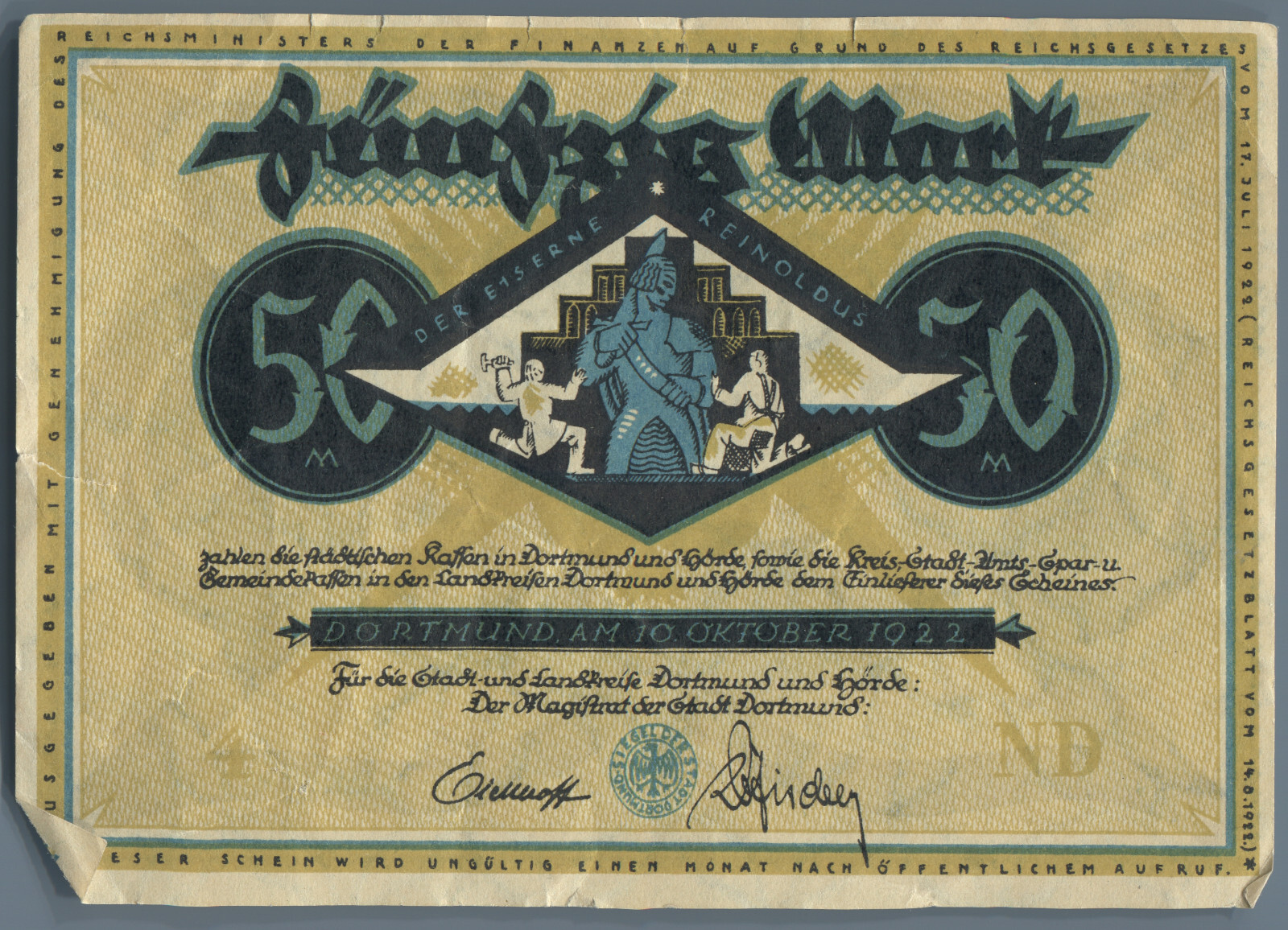 Dortmund und Horde City 50 Mark 1922 Der Ritter AM 10 Oktober Reinoldus Eiserne
