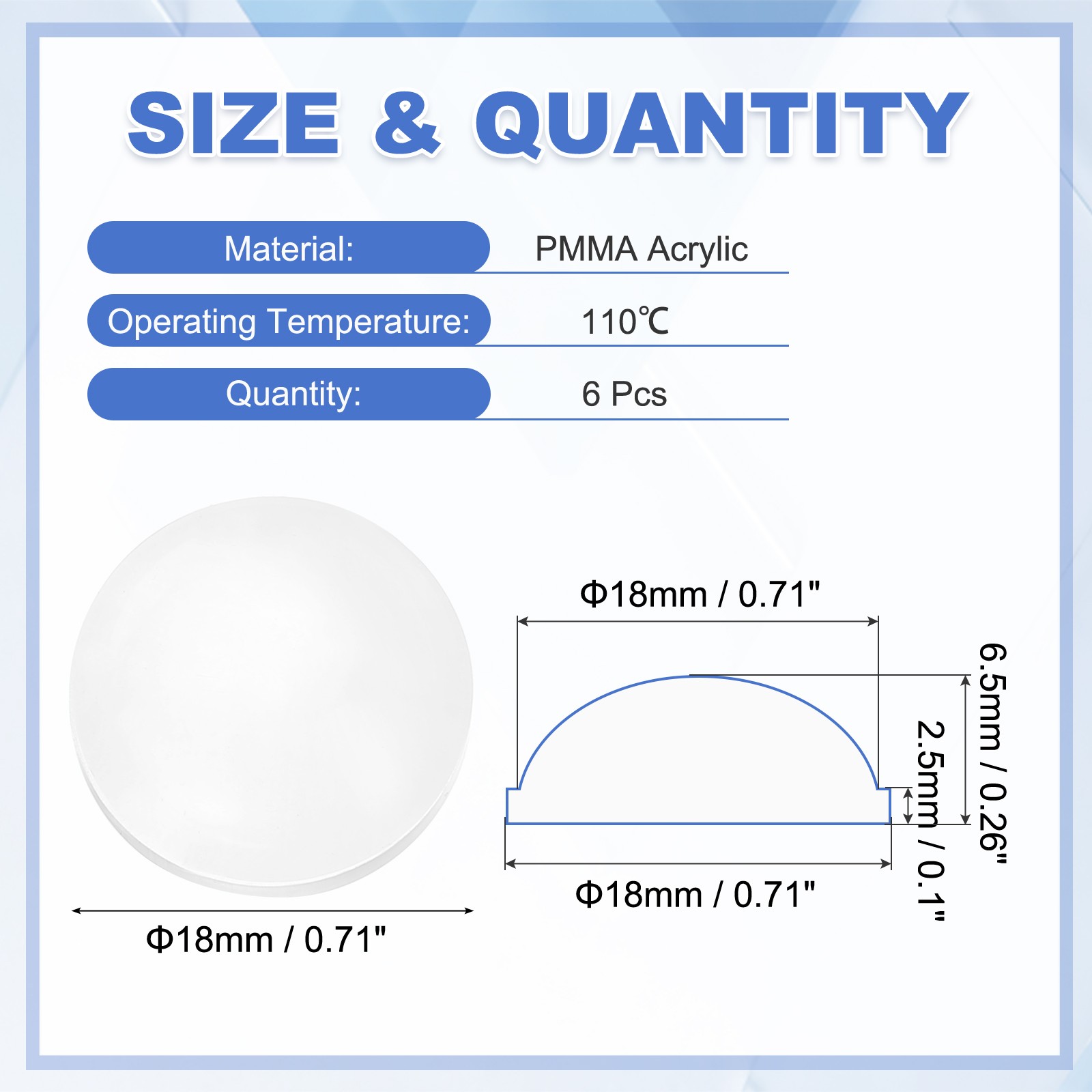 6Pcs Diameter 18mm Flat Convex Lens, Height 6.5mm Acrylic Optical Lens