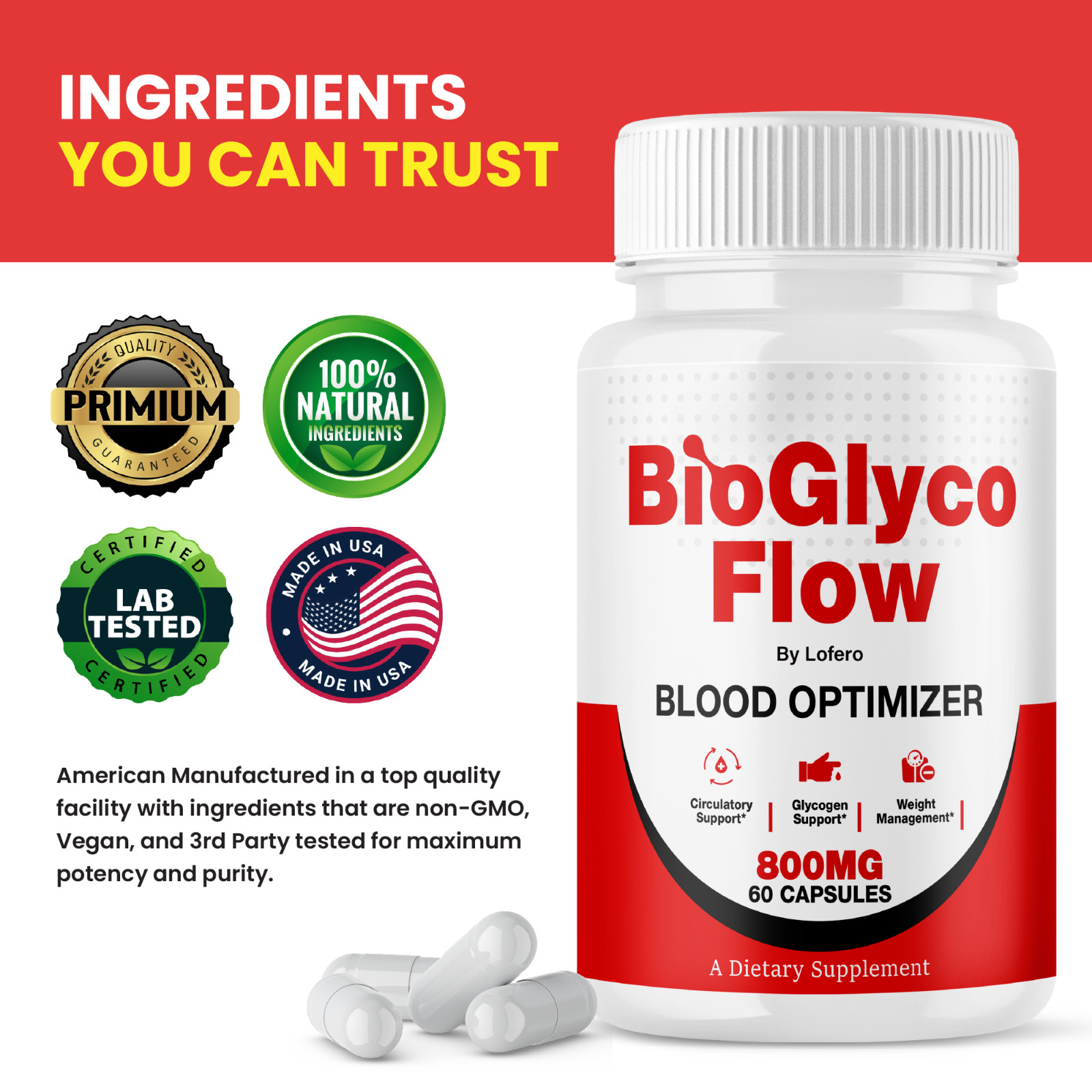BioGlyco Flow Capsules Bio Glyco Blood Optimizer Supplement Reviews Pills (60ct)