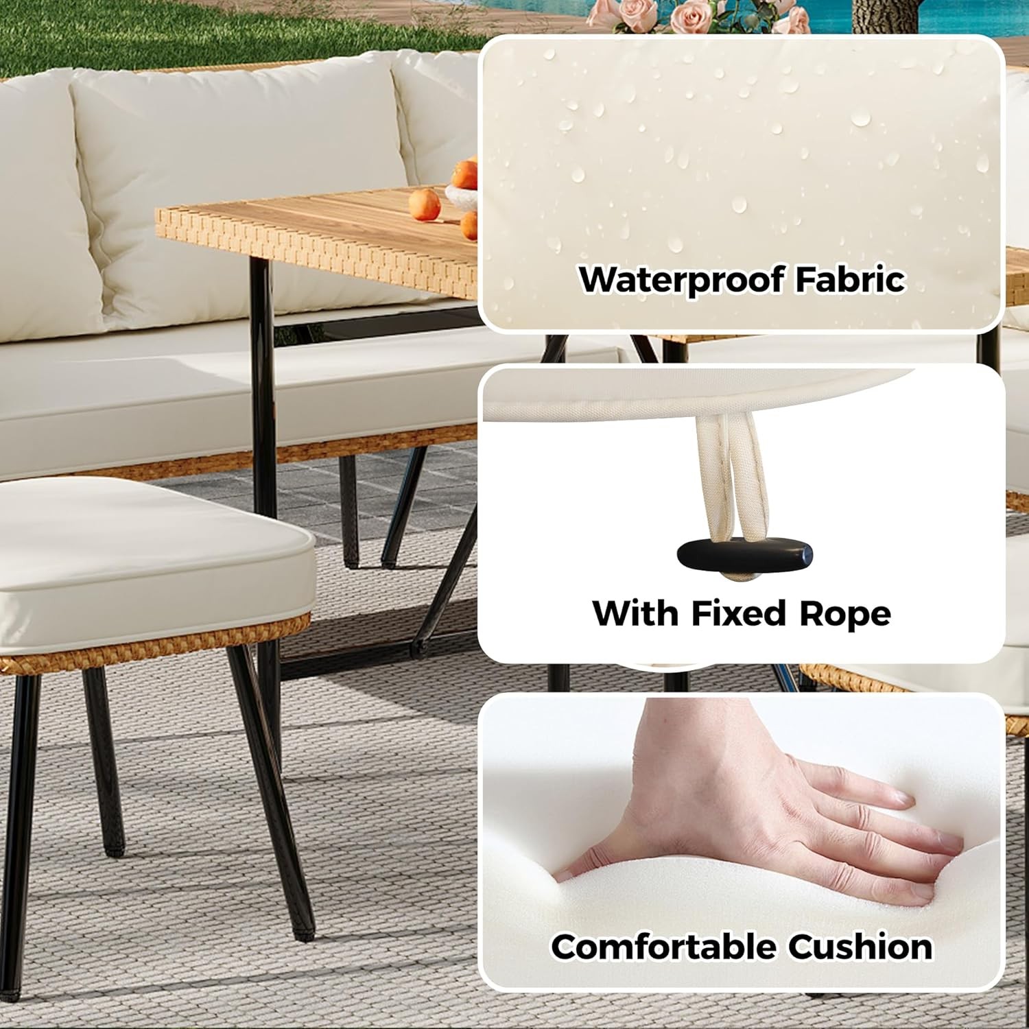 6 Pieces Patio Furniture Set with Table, Rattan Patio Sectional L-Shaped Sofa
