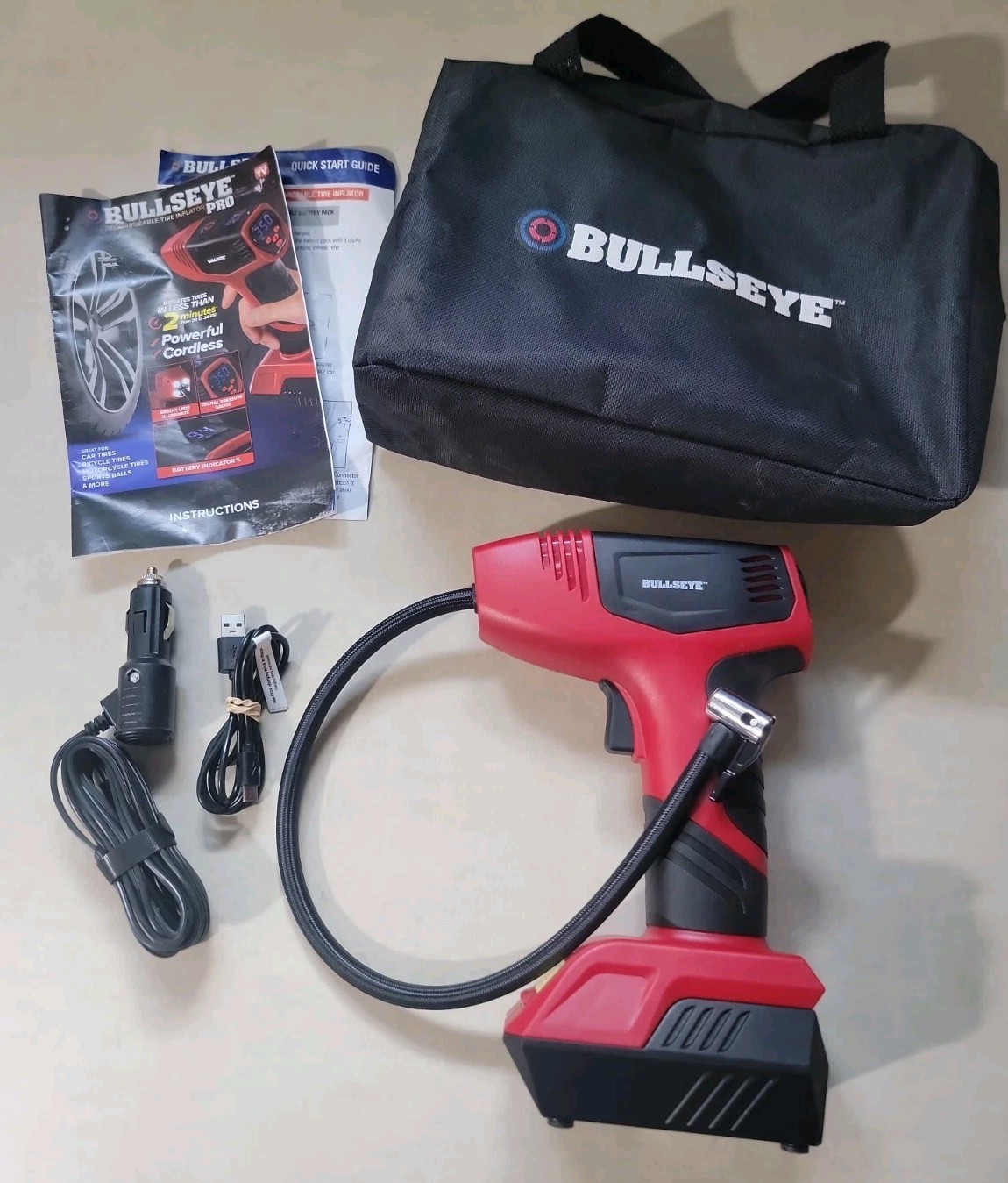 Bullseye Pro Rechargeable Tire Inflator Complete In Carry Bag w. Charger