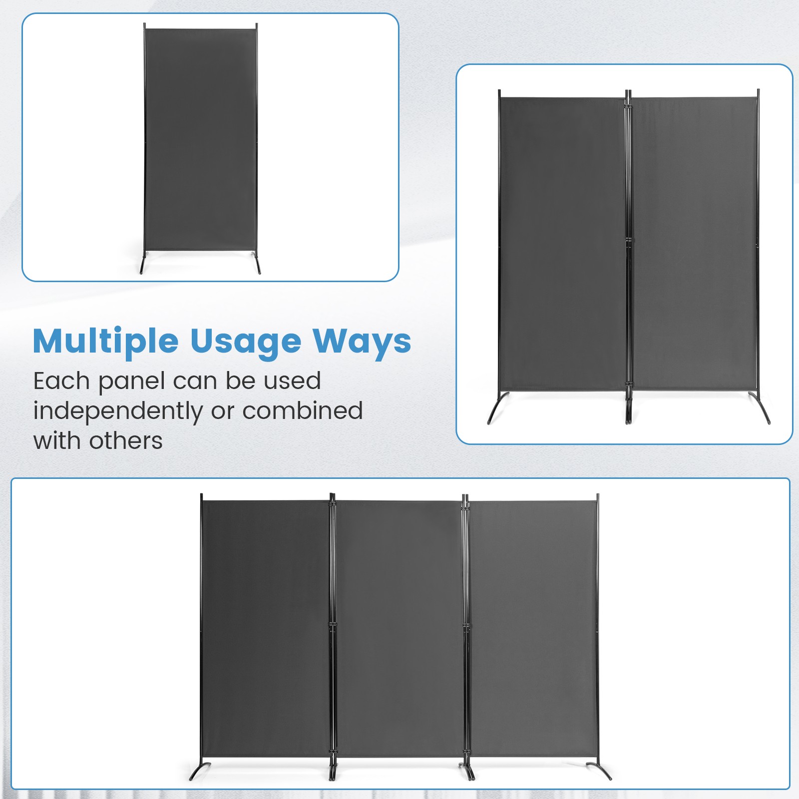 Folding Privacy Partition Screen 3-Panel Room Divider for Office Room Grey