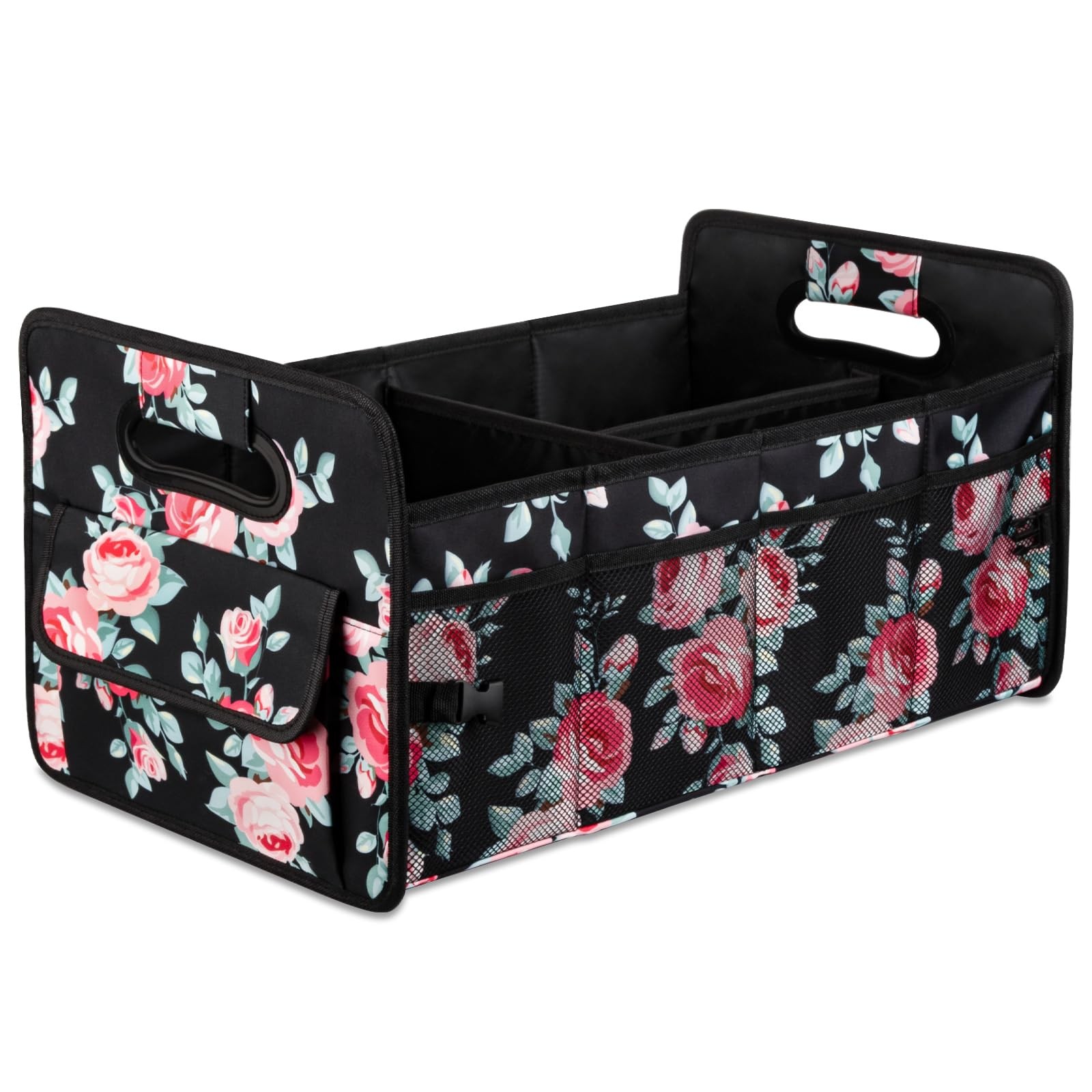 Black Floral Car Trunk Organizer Multi Compartment Container Sedan SUV Truck