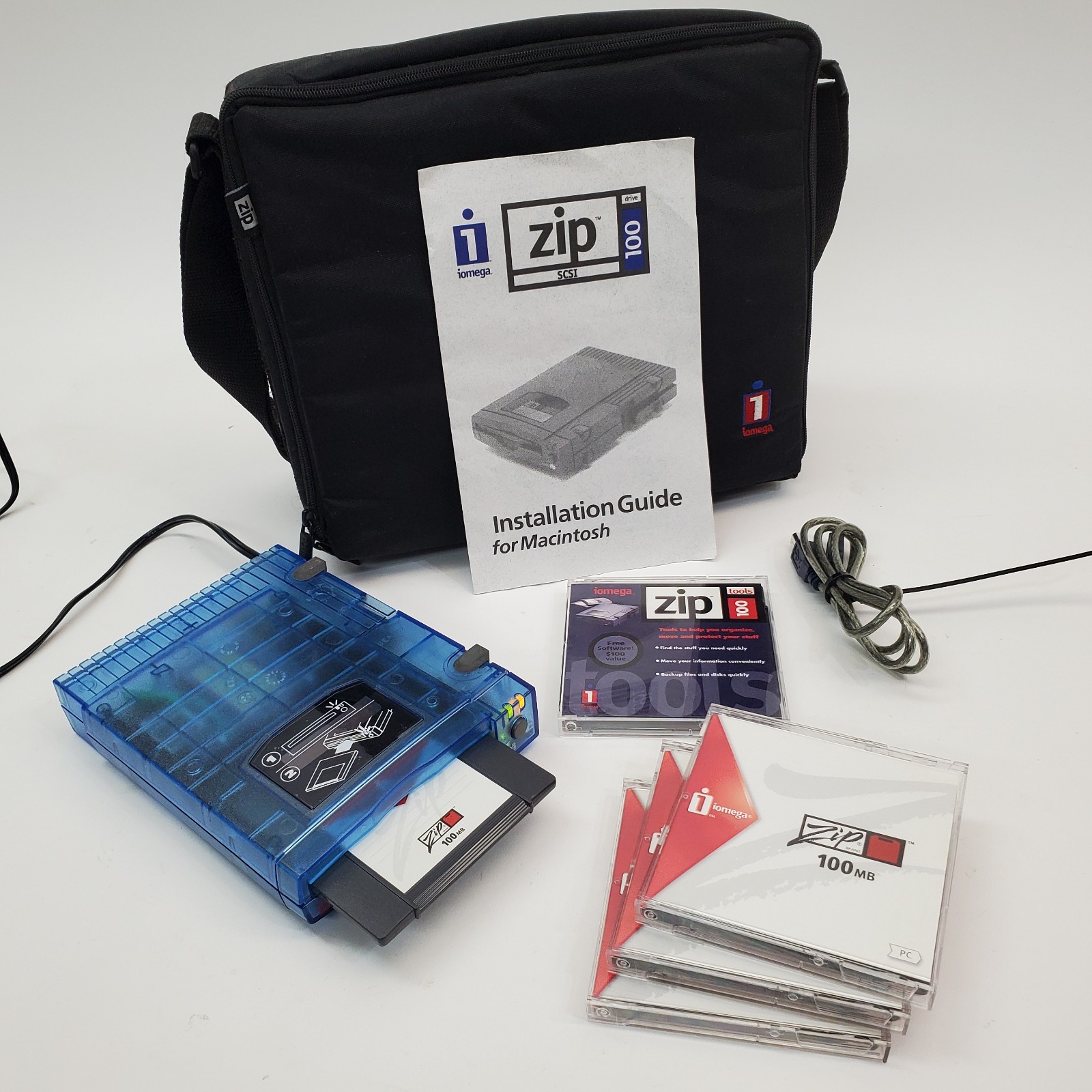 Iomega Zip 100 MB Transparent Blue Drive w/ Case, PSU & 5 Disks