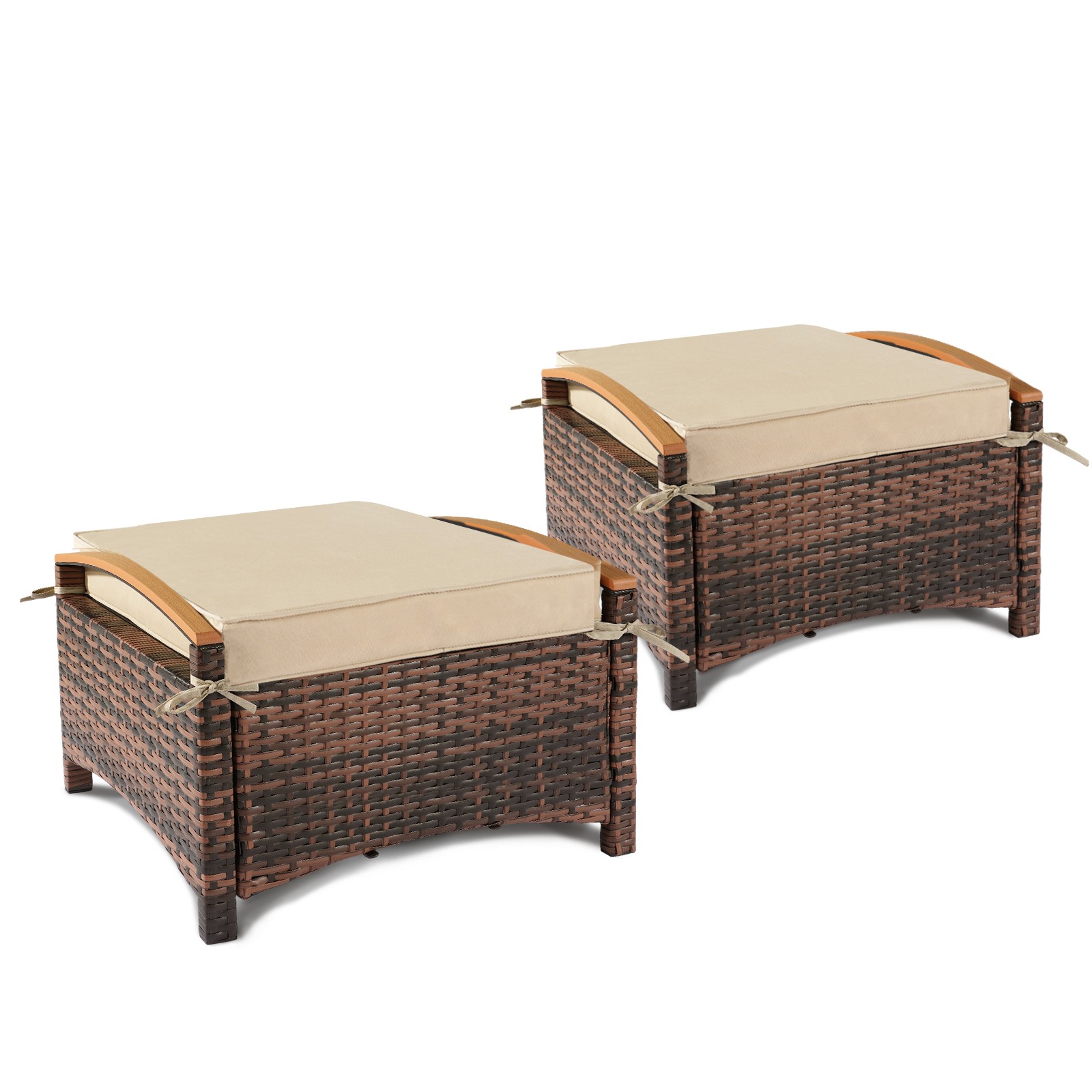 Set of 2 Indoor Brown Rattan Beige Cushion Garden Plastic Wood Armrest Footstool