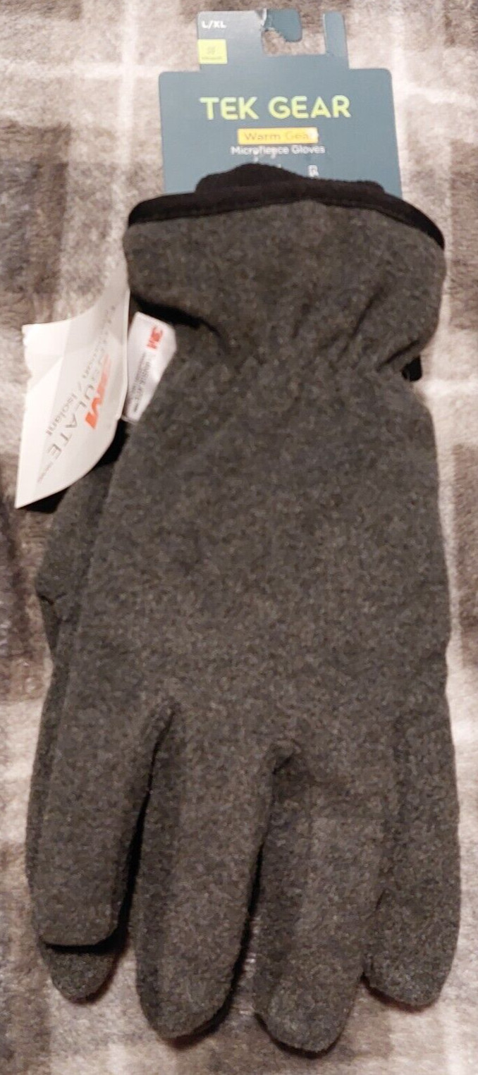 NWT Mens Tek Gear Microfleece Cuffed Gloves L/XL Dark Coal Touch Screen - 3507