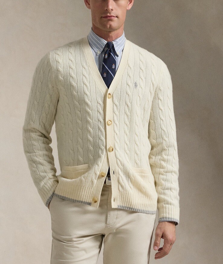 $198 Polo Ralph Lauren Men’s Cable-Knit Wool-Cashmere Cardigan Sweater Cream L