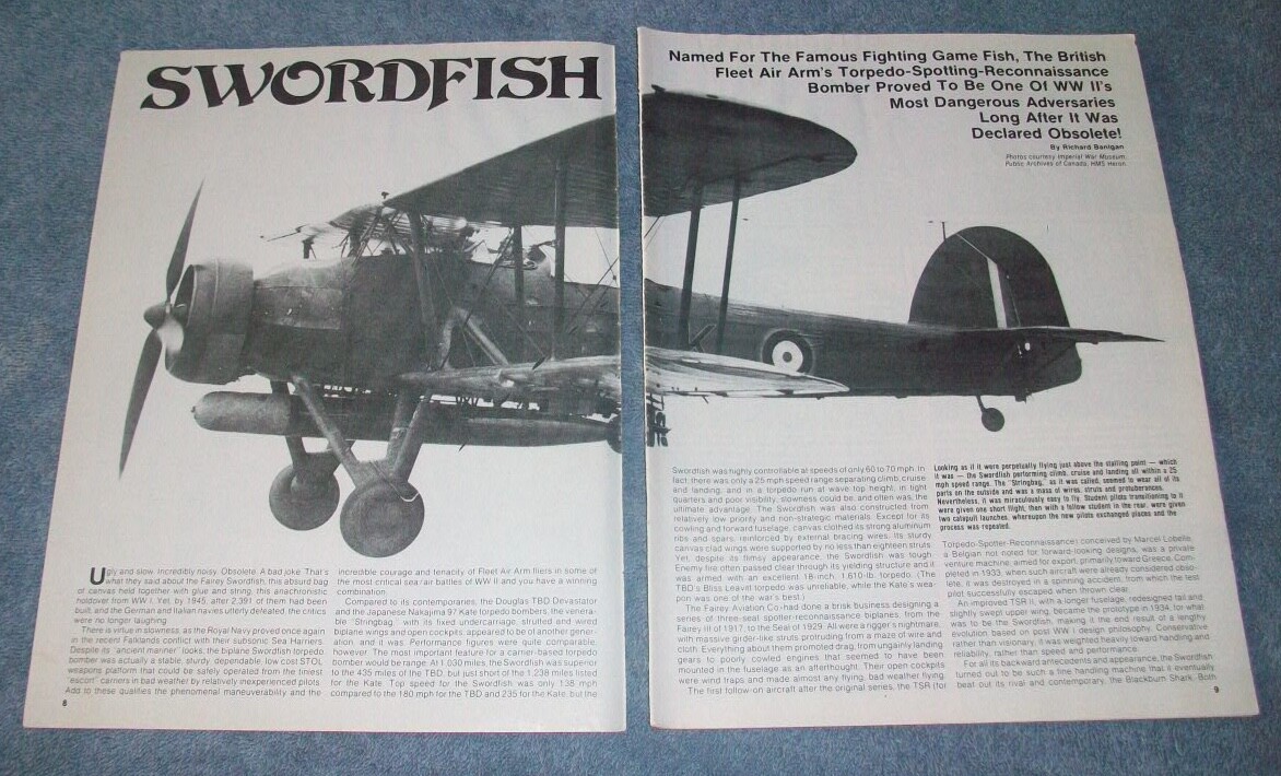 Royal Fairey Swordfish Torpedo Bomber Bi-Plane Vintage History Info Article
