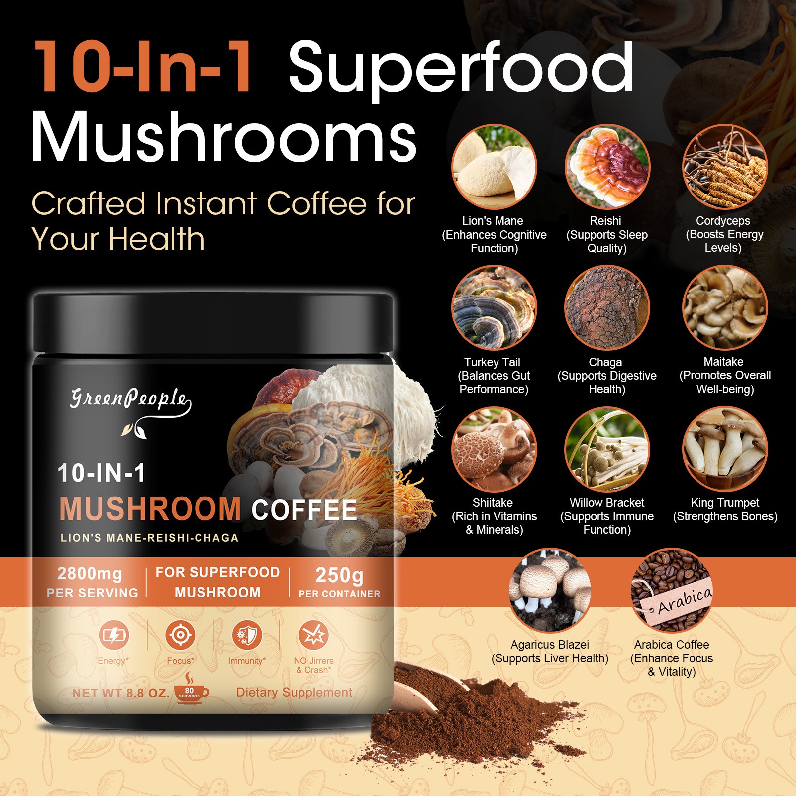 Mushroom Coffee 10 Mushrooms (Lion’s Mane, Cordyceps, Turkey Tail & More)