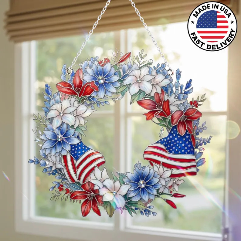 Patriotic Floral Wreath Suncatcher Acrylic