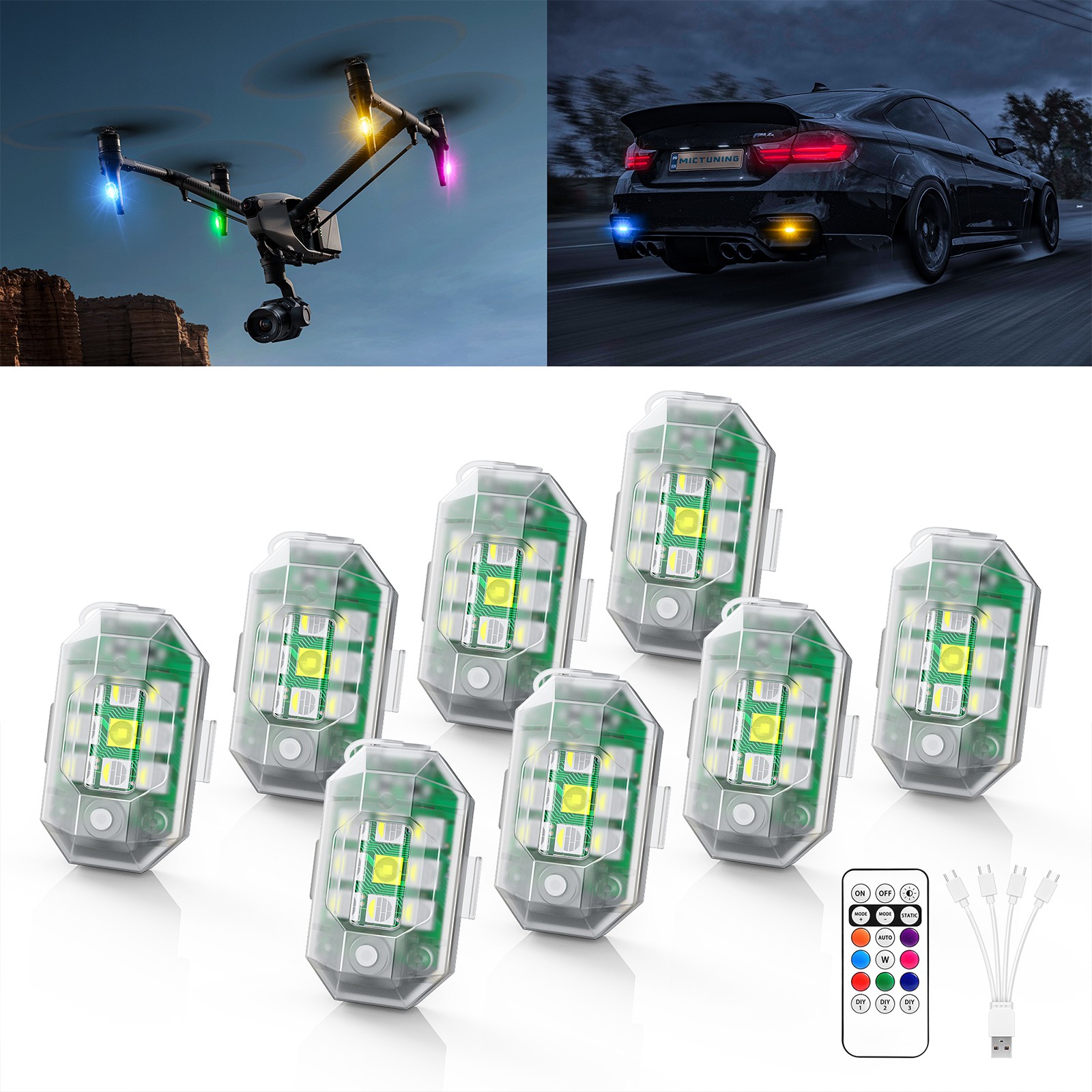 8PCS Wireless LED Strobe Lights w/Remote Control Waterproof Anti-Collision Lamp
