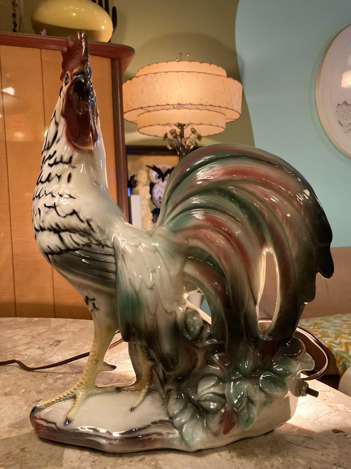 Beautiful Vintage TV Lamp Rooster Ceramic Table Night Light MCM