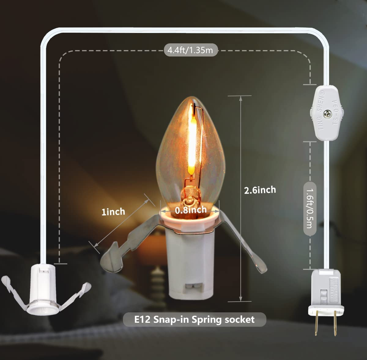C7 Accessory Cord with C7 Led Light Bulb Candelabra-Base E12 Socket, White Cord