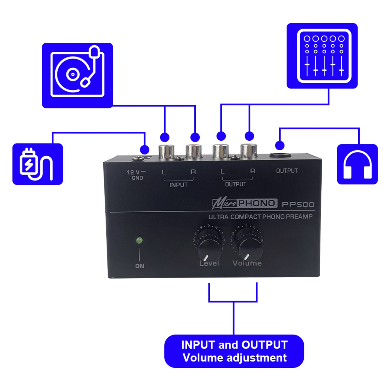 PP500 Phono Preamp Preamplifier with Level Volume Control for LP Vinyl Turntable