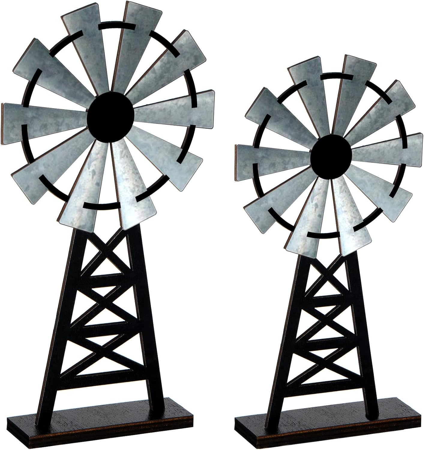 Set of 2 Wooden Farmhouse Windmill Table Top Decor Wood Small Distressed Black G