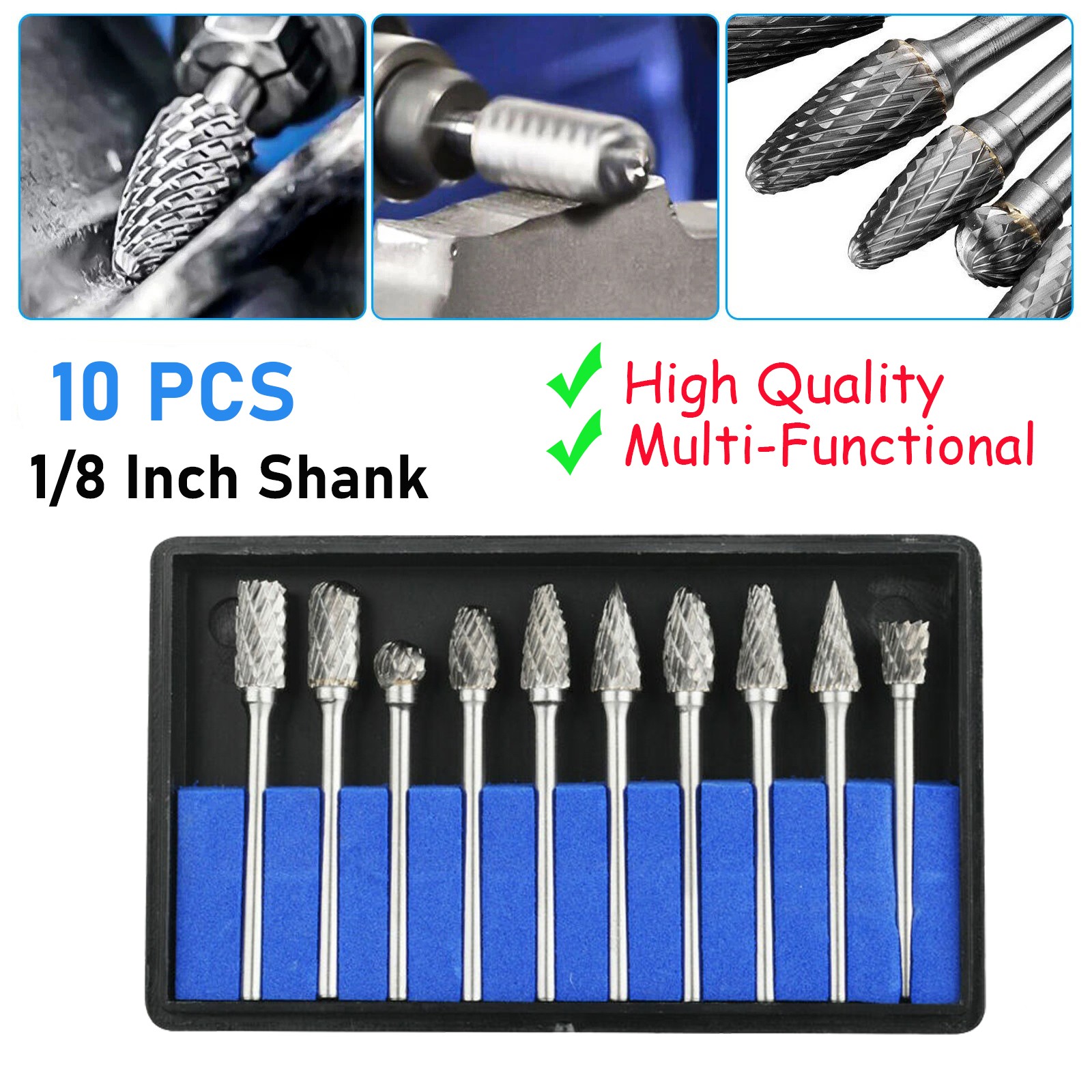 10PCS 1/8" Tungsten Steel Rotary Burr Set, Shank Die Grinder Bits for Metal Wood