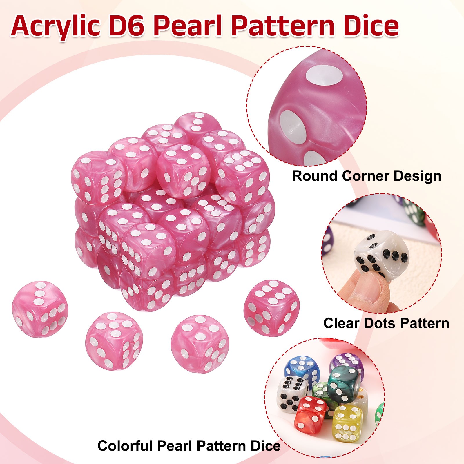 36Pcs 6 Sided Colored Standard Dice, Acrylic D6 Pearl Pattern Dice, Pink