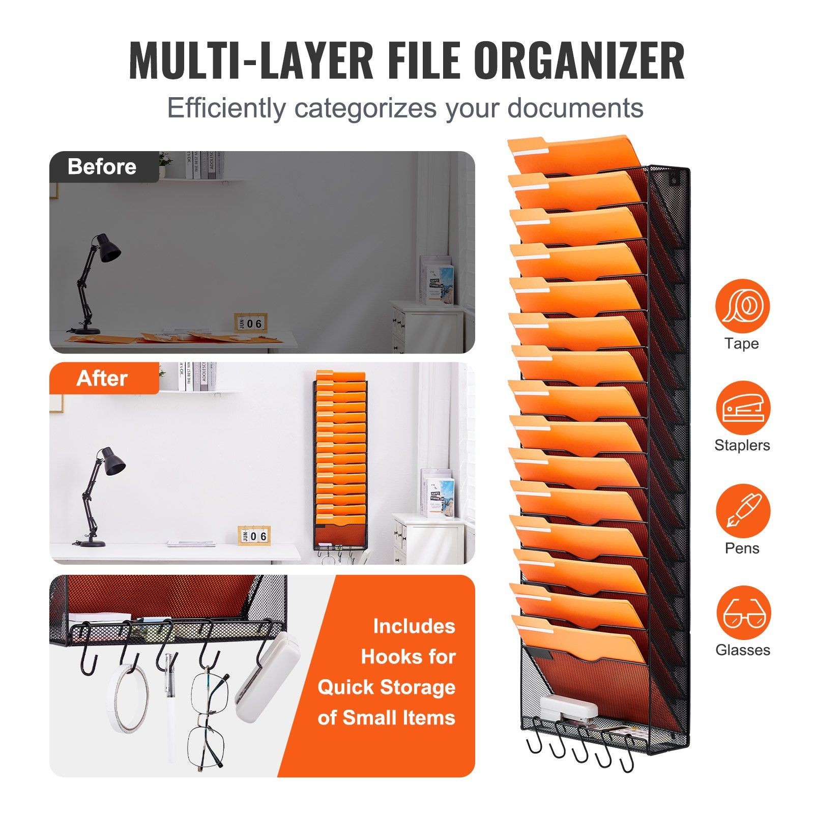 16-Tier Vertical Rack for Documents, Wall-Mounted Metal Holder with Tray