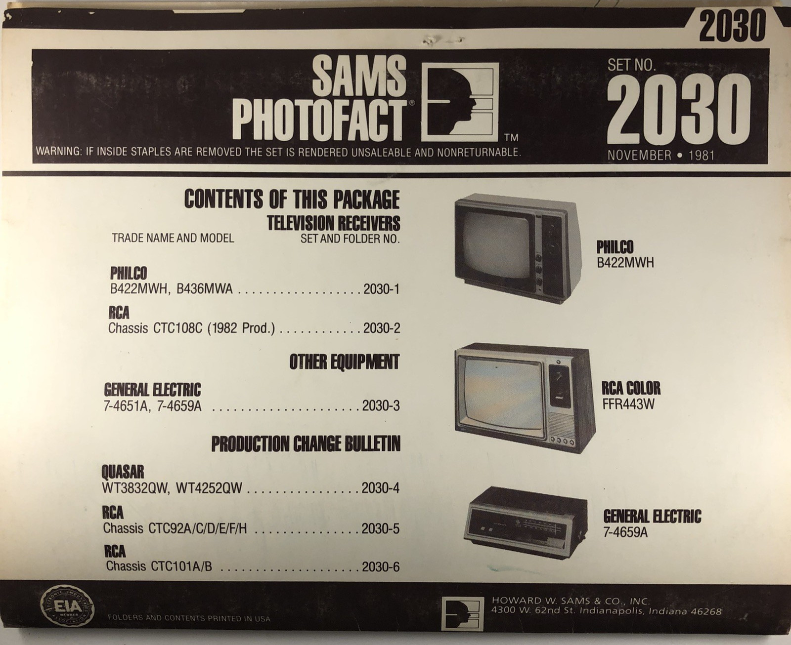 SAMS PHOTOFACT FOLDER SET NO. 2030, 1981, SCHEMATICS & SERVICE MANUALS