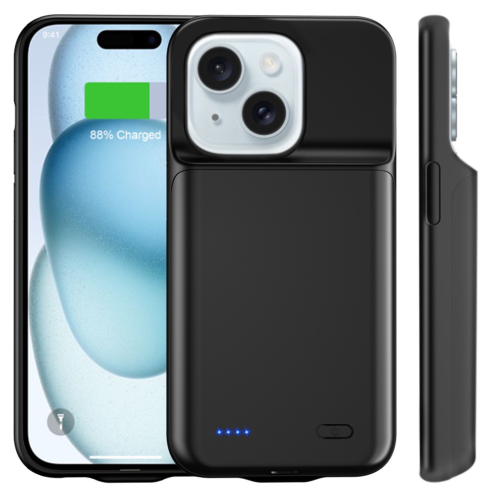 For iPhone 15 External Battery Charger Case Power Bank Charging Cover-Black