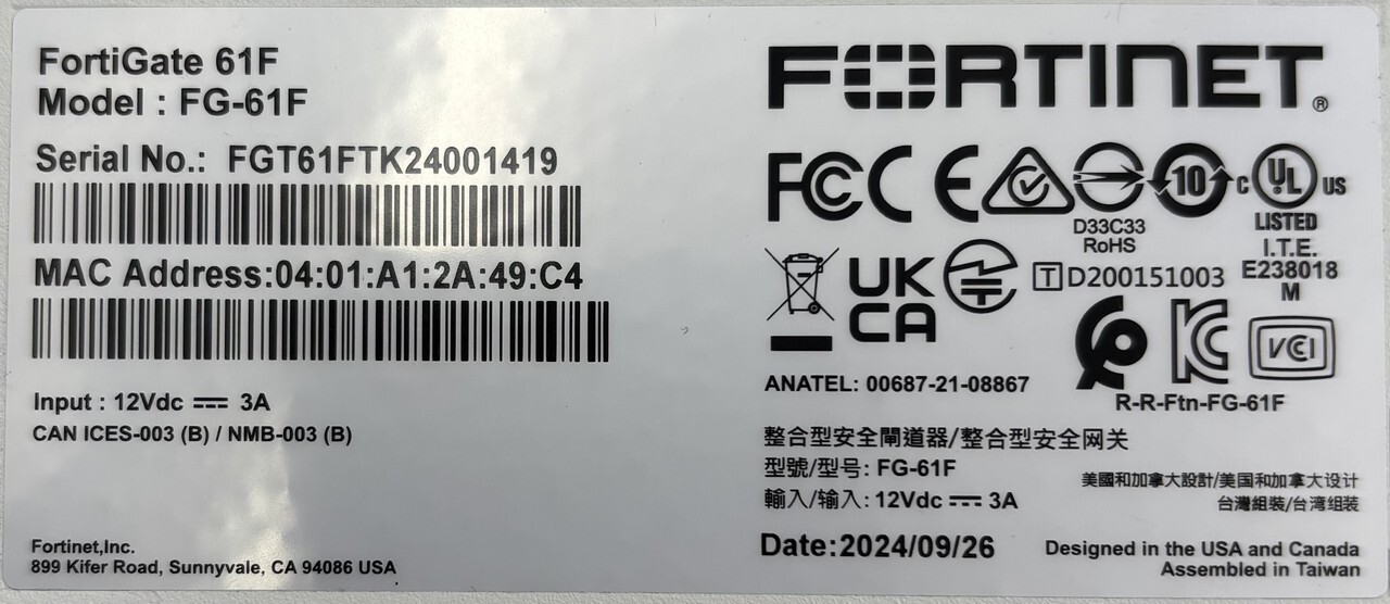 FORTINET FG-61F P24293-03-26 FORTIGATE 10 GBPS NETWORK SECURITY FIREWALL