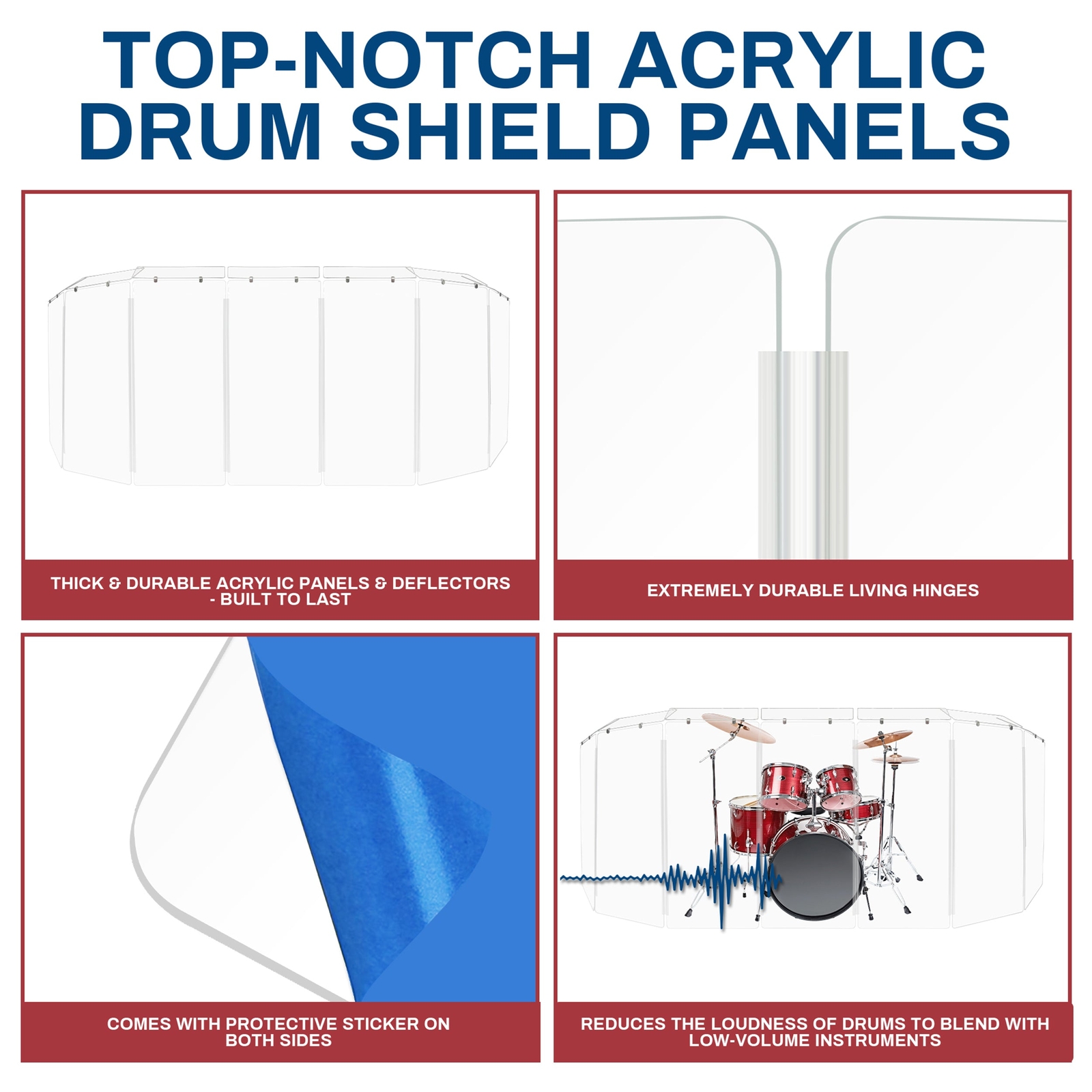 PENNZONI Drum Shield 4ft Acrylic Panels w/ Deflectors & Living Hinges