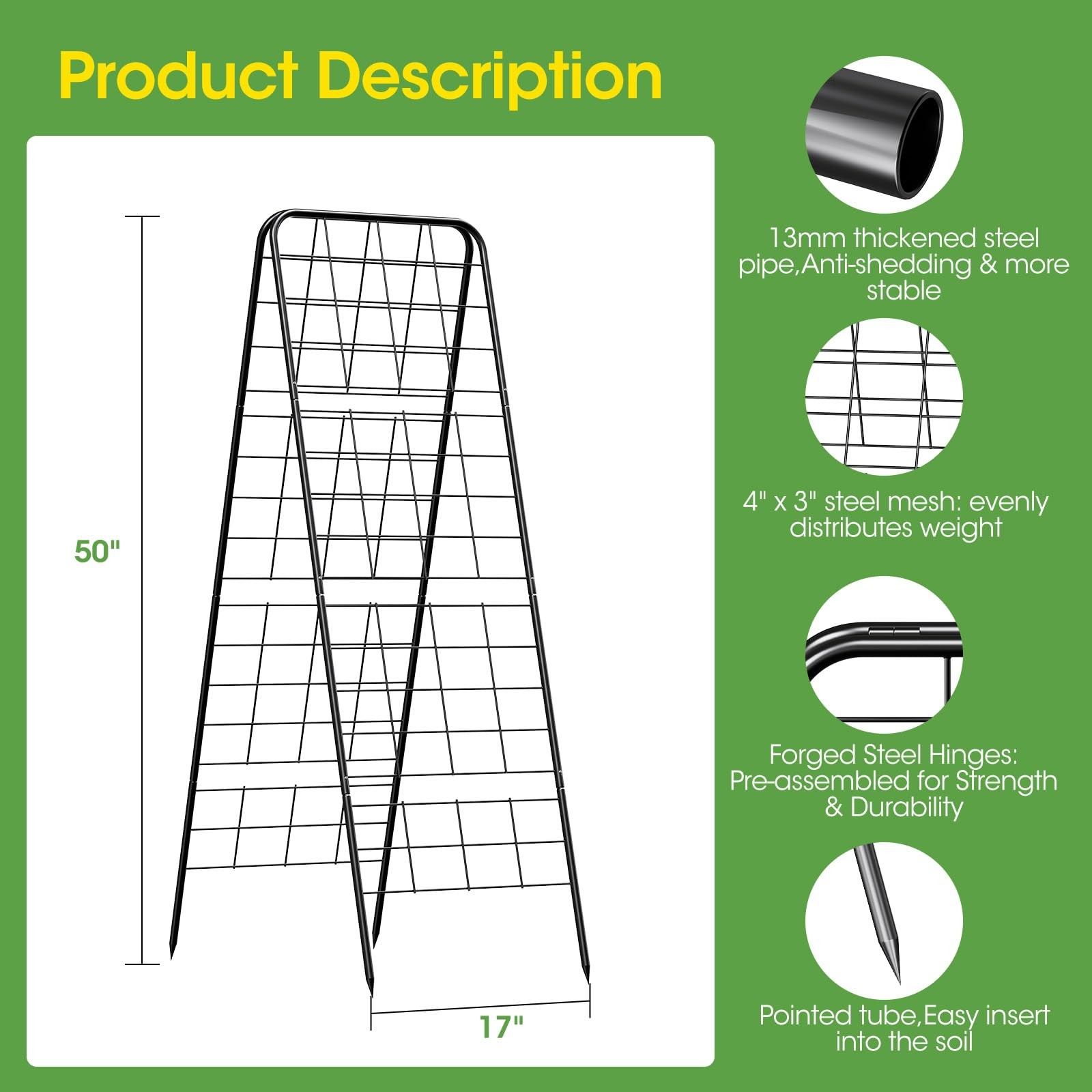 Heavy Duty Cucumber Trellis，50"x17" Adjustable A-Frame Trellis for black