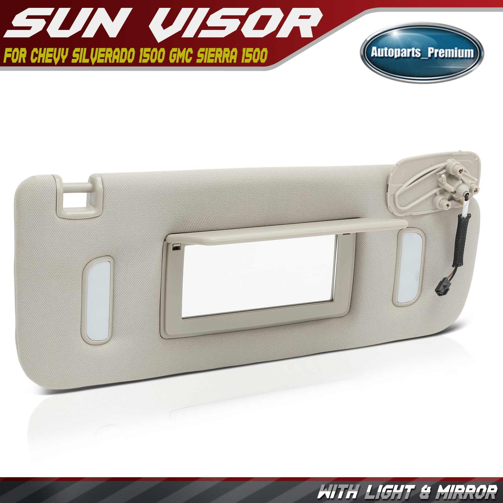 Gray Passenger Sun Visor w/ Mirror & Light for Chevy Silverado 1500 GMC Sierra