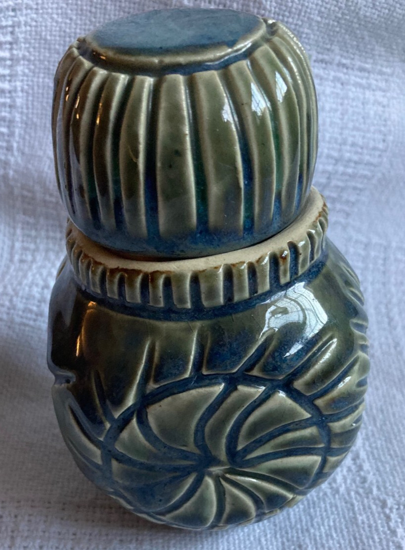 GLAZED CLAY POTTERY BLUE GREEN DECORATIVE JAR WITH LID ABSTRACT DESIGN