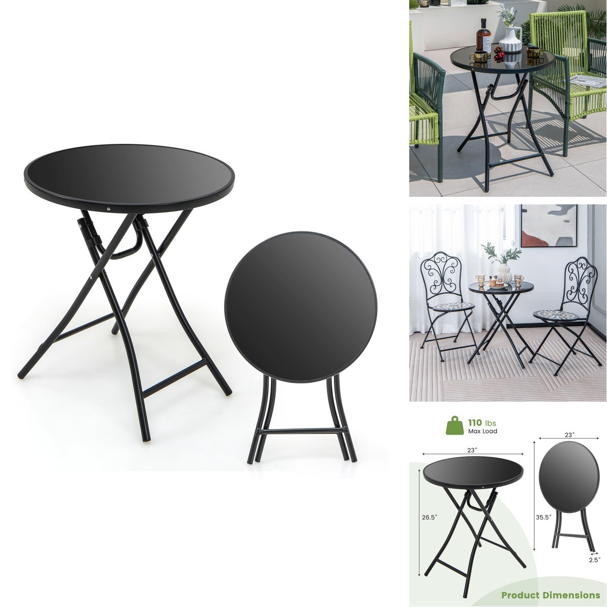 Giantex 23 Inch Round Folding Bistro Table Tempered Glass Metal Frame Outdoor