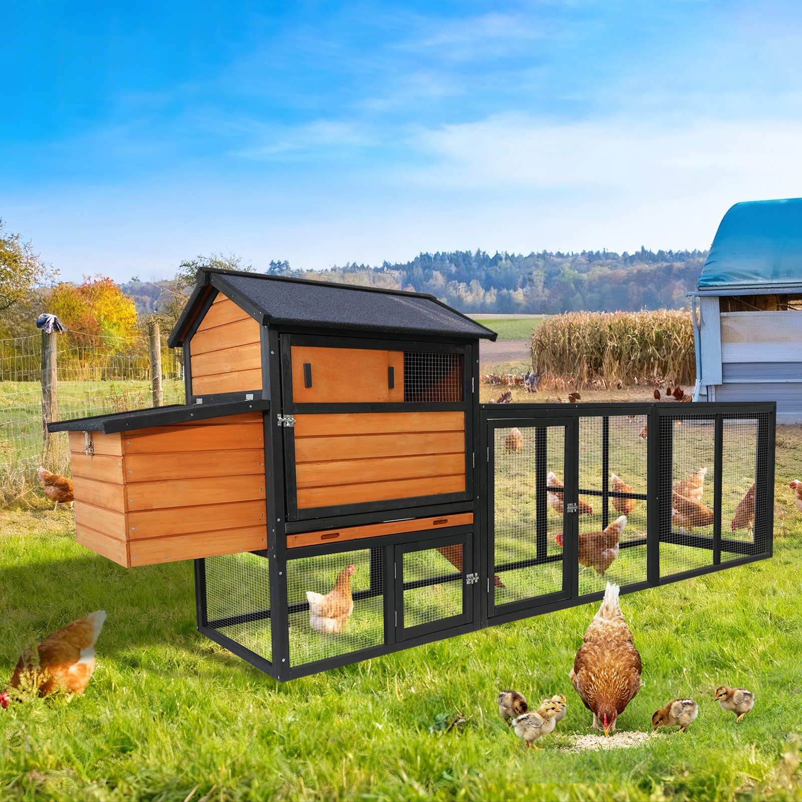 Wooden Chicken Coop Large Outdoor Hen House with Run & Nesting Box Poultry Cage