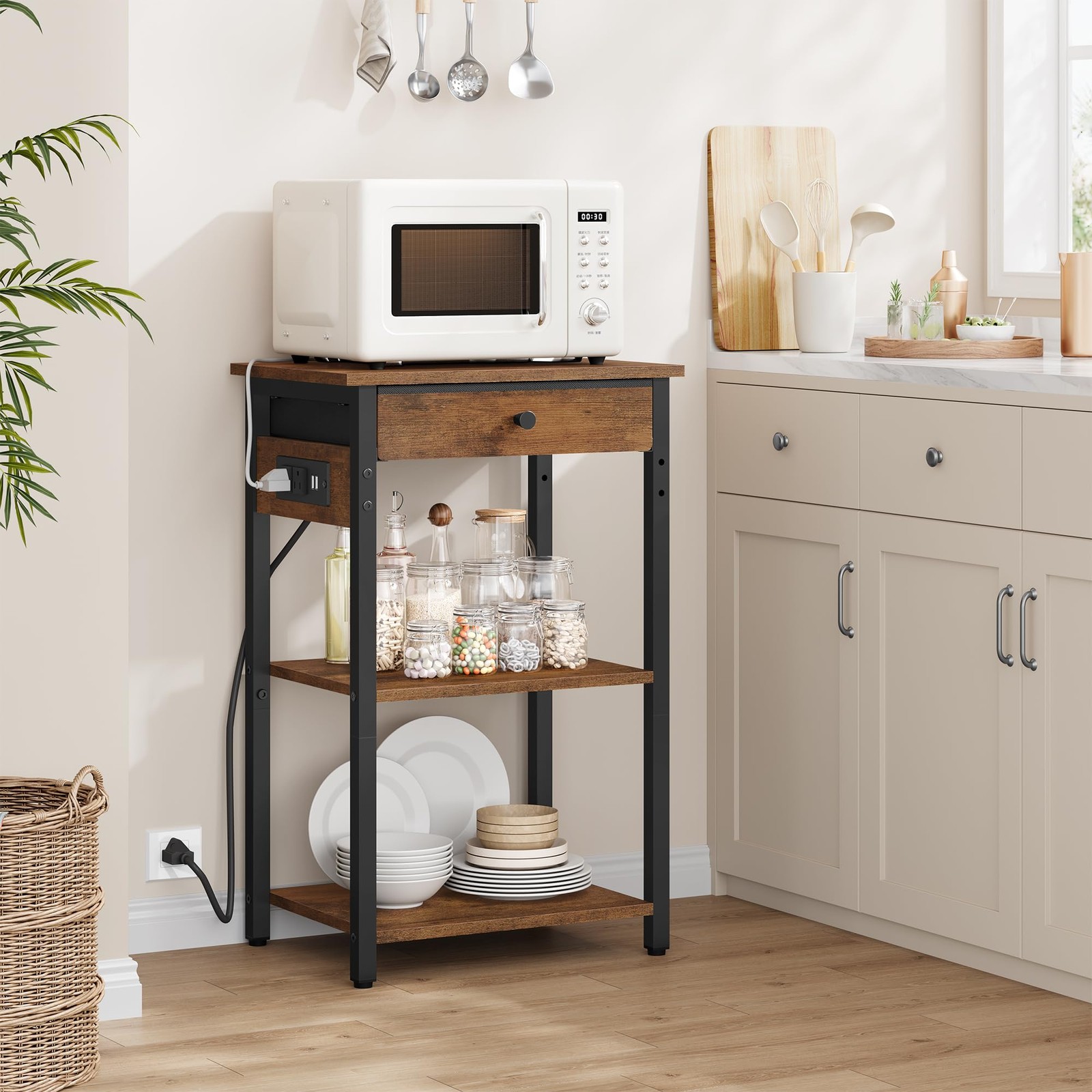Printer Stand with Power Outlets, 3-Tier Under 3 layer & CS, Rustic Brown