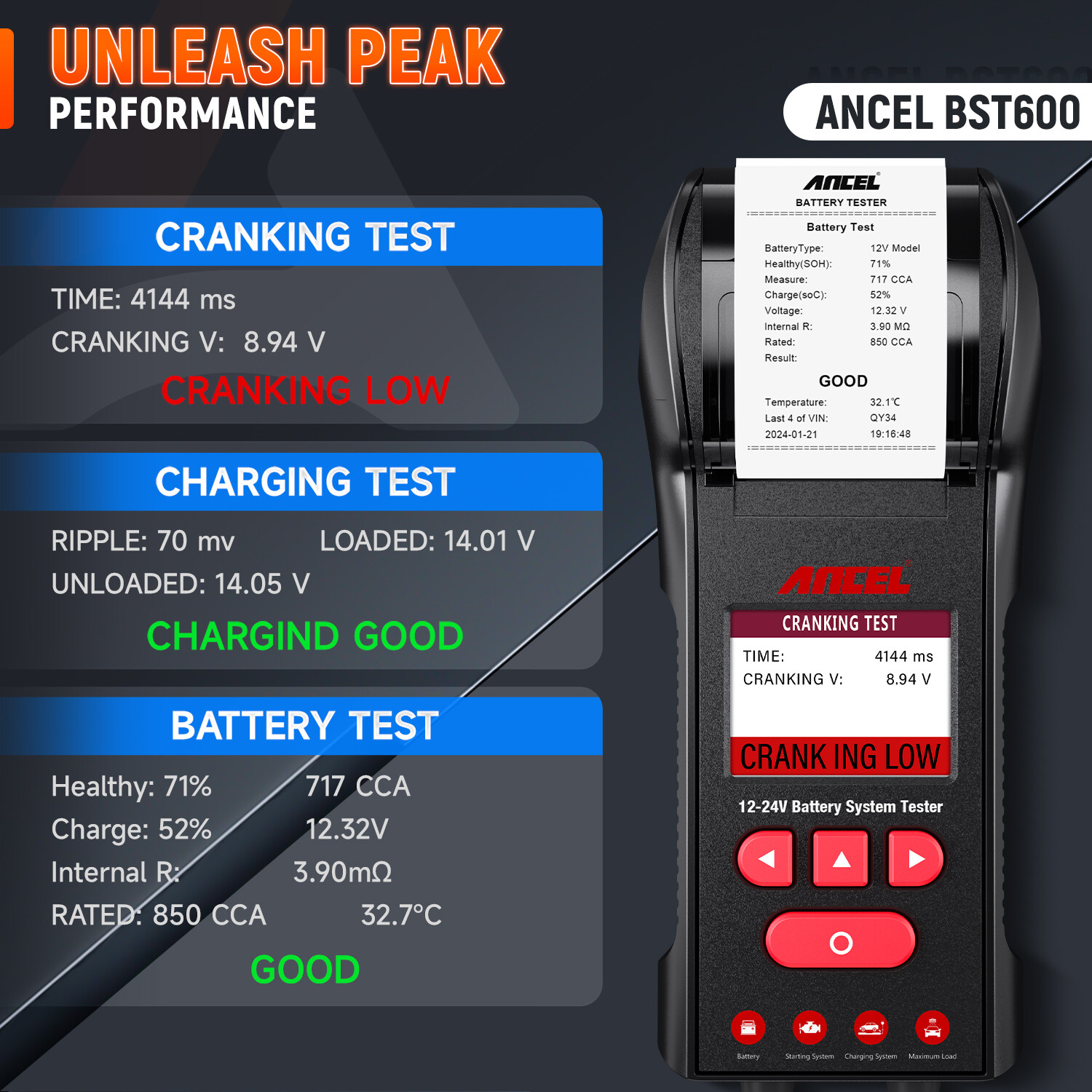 ANCEL BST600 Car Battery Tester with Printer - 12V/24V, 100-2000 CCA, Black