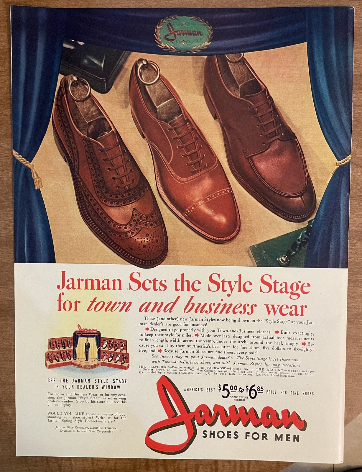 1941 Jarman Shoes For Men Town And Business Belvedere Parkwood 1940s Print Ad