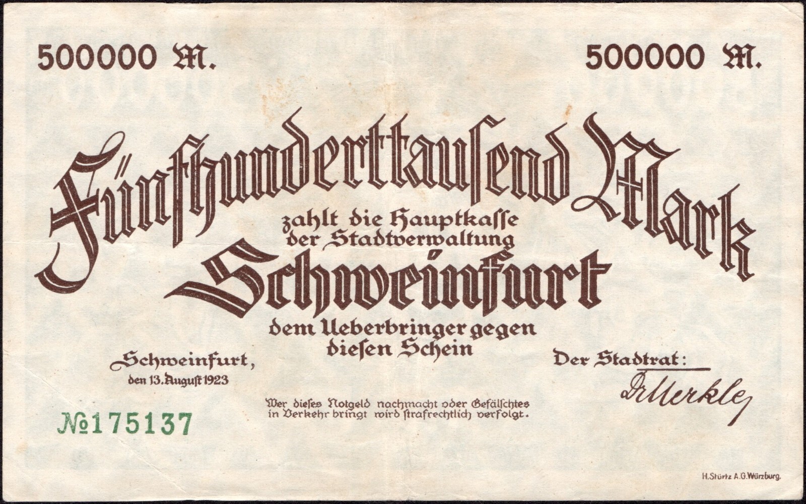 500000 Mark 1923 - Schweinfurt - Series: 175137 - VF-#A6a