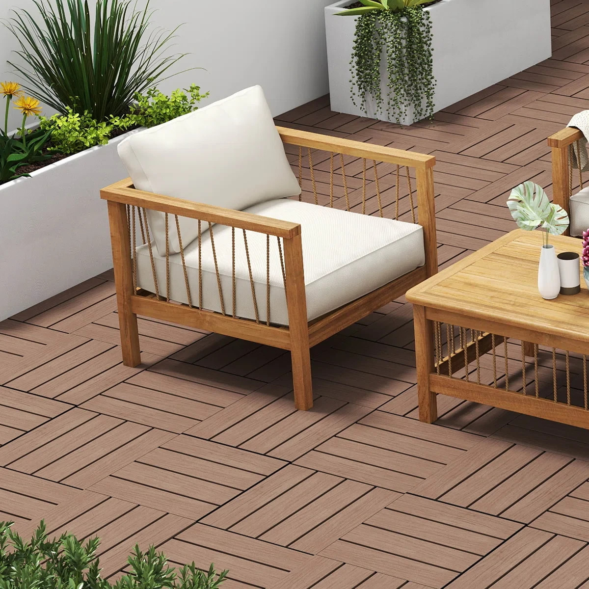 27Pcs HDPE Interlocking Deck,Waterproof Snap-Together w/Drainage Design,Brown