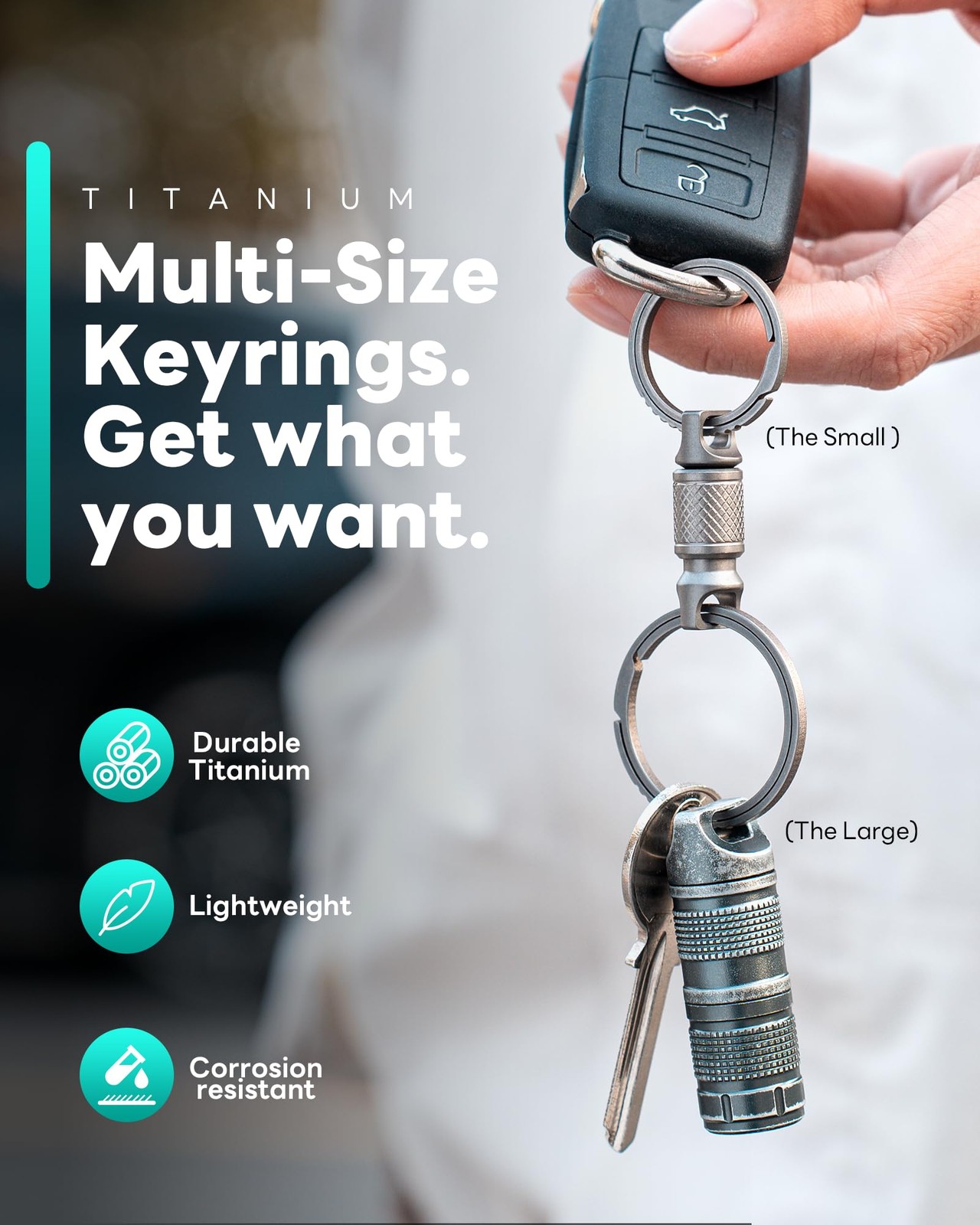 TISUR Titanium Keychain Rings, Split Side Pushing Heavy Duty 2pcs Grey Titanium