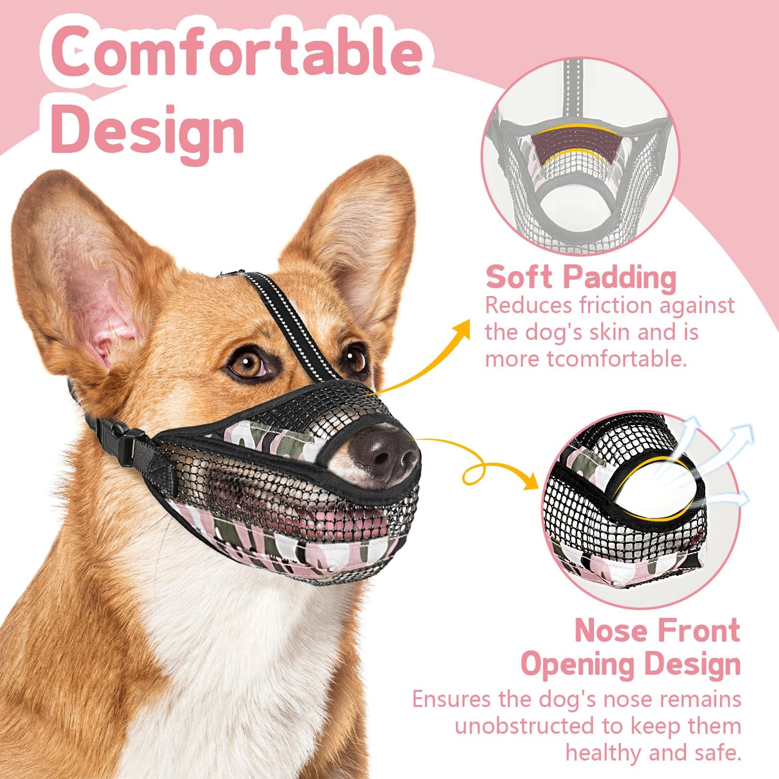 Soft Mesh Dog Muzzle with Reflective Adjustable Strap, Lightweight Muzzle for...